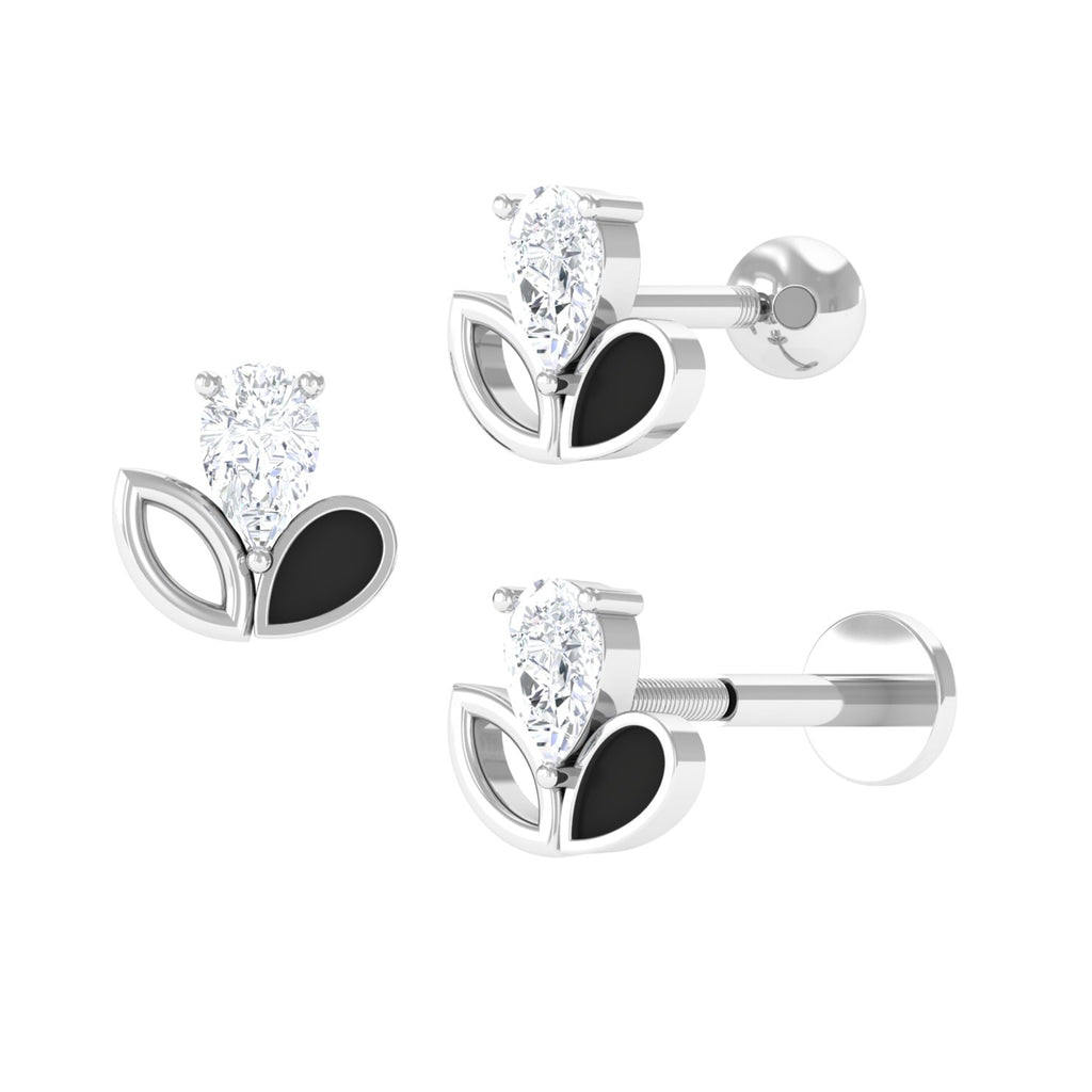 Pear Cut Moissanite Leaf Cartilage Earring with Black Enamel Moissanite - ( D-VS1 ) - Color and Clarity - Rosec Jewels