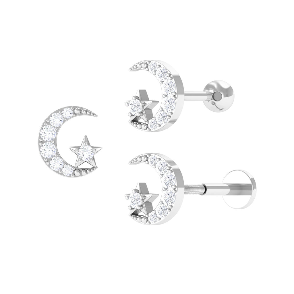 Moissanite Moon and Star Cartilage Earring Moissanite - ( D-VS1 ) - Color and Clarity - Rosec Jewels