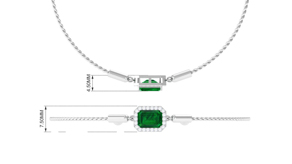 Emerald Cut Created Emerald Bolo Chain Bracelet With Diamond Halo Lab Created Emerald - ( AAAA ) - Quality - Rosec Jewels