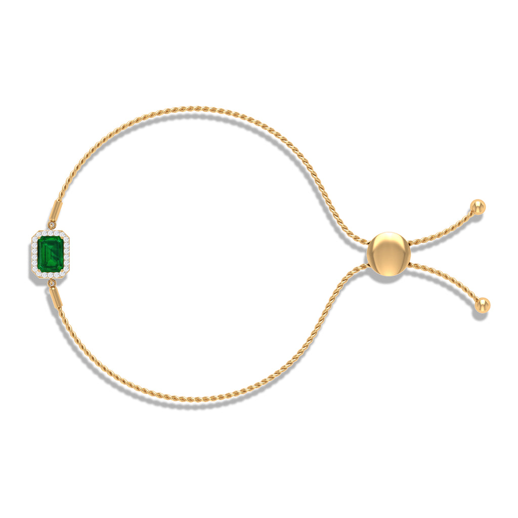 Emerald Cut Created Emerald Bolo Chain Bracelet With Diamond Halo Lab Created Emerald - ( AAAA ) - Quality - Rosec Jewels