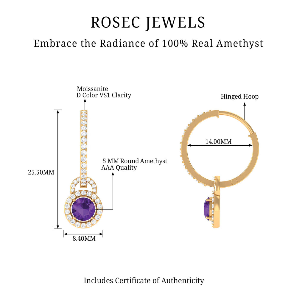 Amethyst Drop Hoop Earrings with Moissanite Halo Amethyst - ( AAA ) - Quality - Rosec Jewels