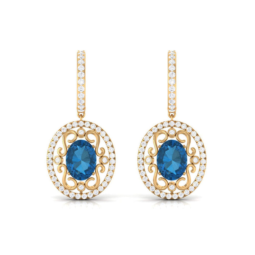 Vintage Style London Blue Topaz Hoop Drop Earrings with Diamond London Blue Topaz - ( AAA ) - Quality - Rosec Jewels
