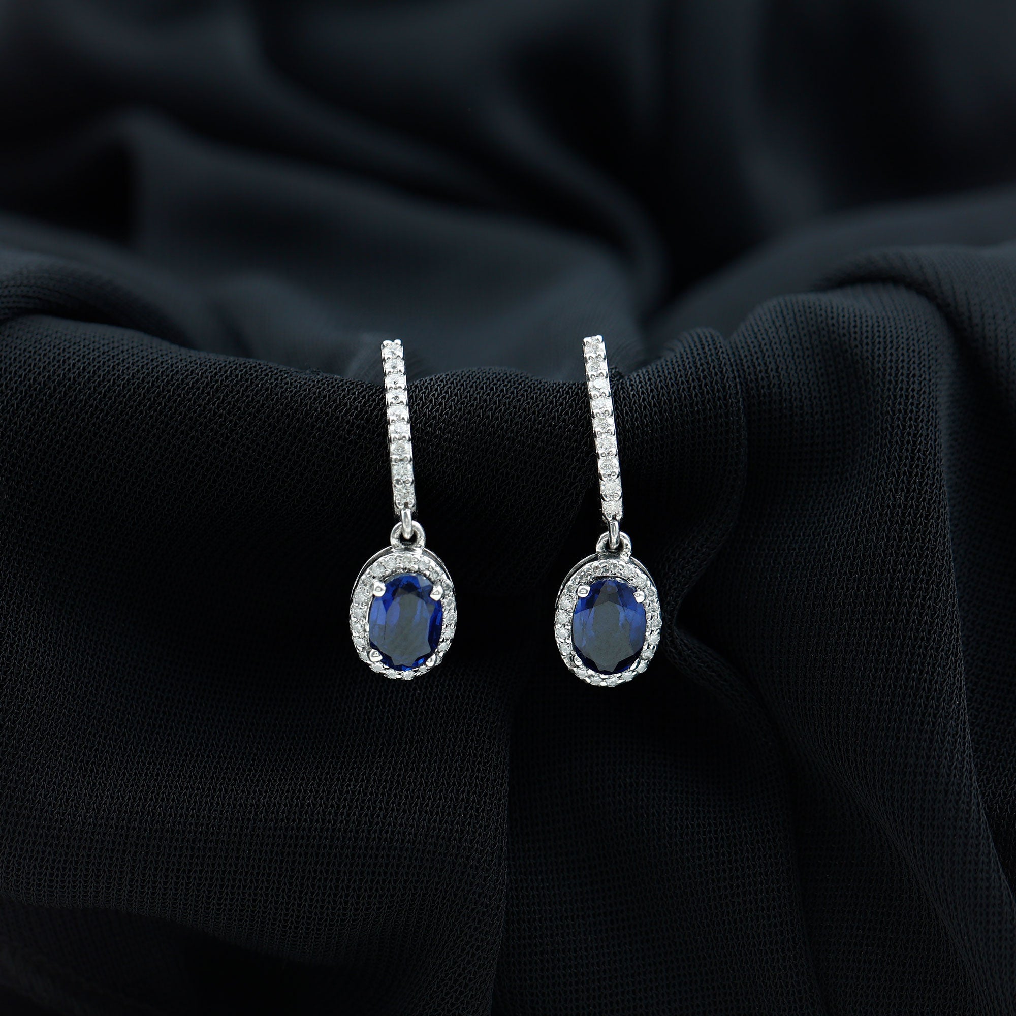 2.5 CT Silver Hoop Drop Earrings with Created Blue Sapphire and Moissanite Halo - Rosec Jewels