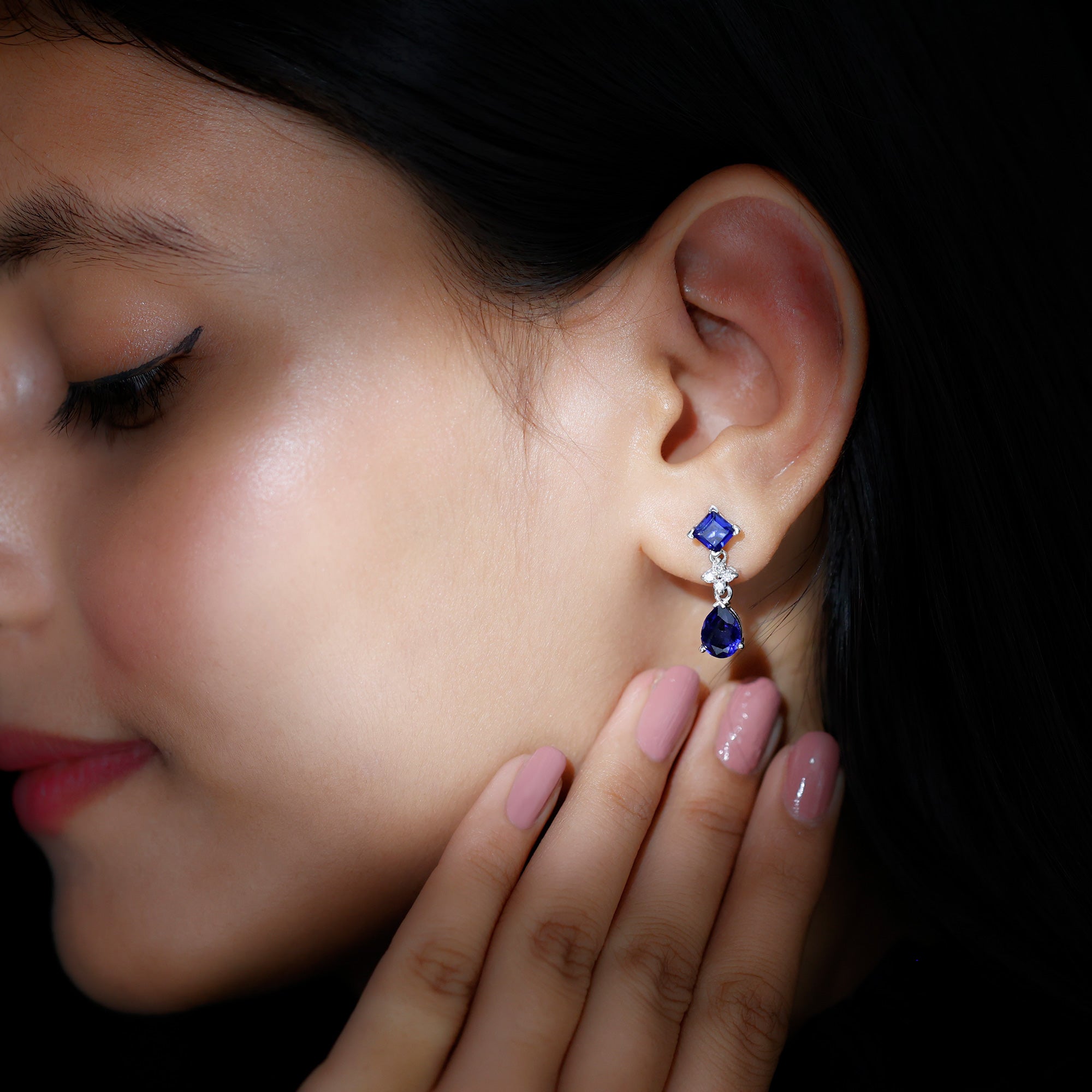 4.75 CT Created Blue Sapphire Silver Drop Earrings with Moissanite Lab Created Blue Sapphire - ( AAAA ) - Quality 92.5 Sterling Silver - Rosec Jewels