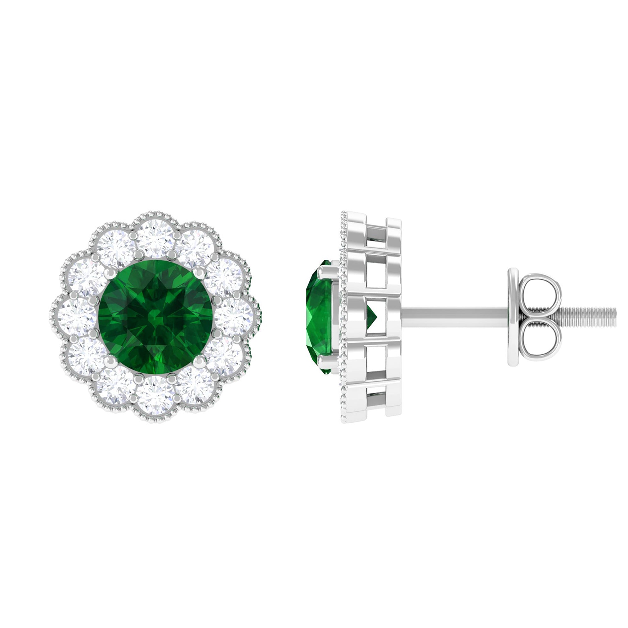 Lab Created Emerald Floral Halo Stud Earrings with Diamond Lab Created Emerald - ( AAAA ) - Quality - Rosec Jewels