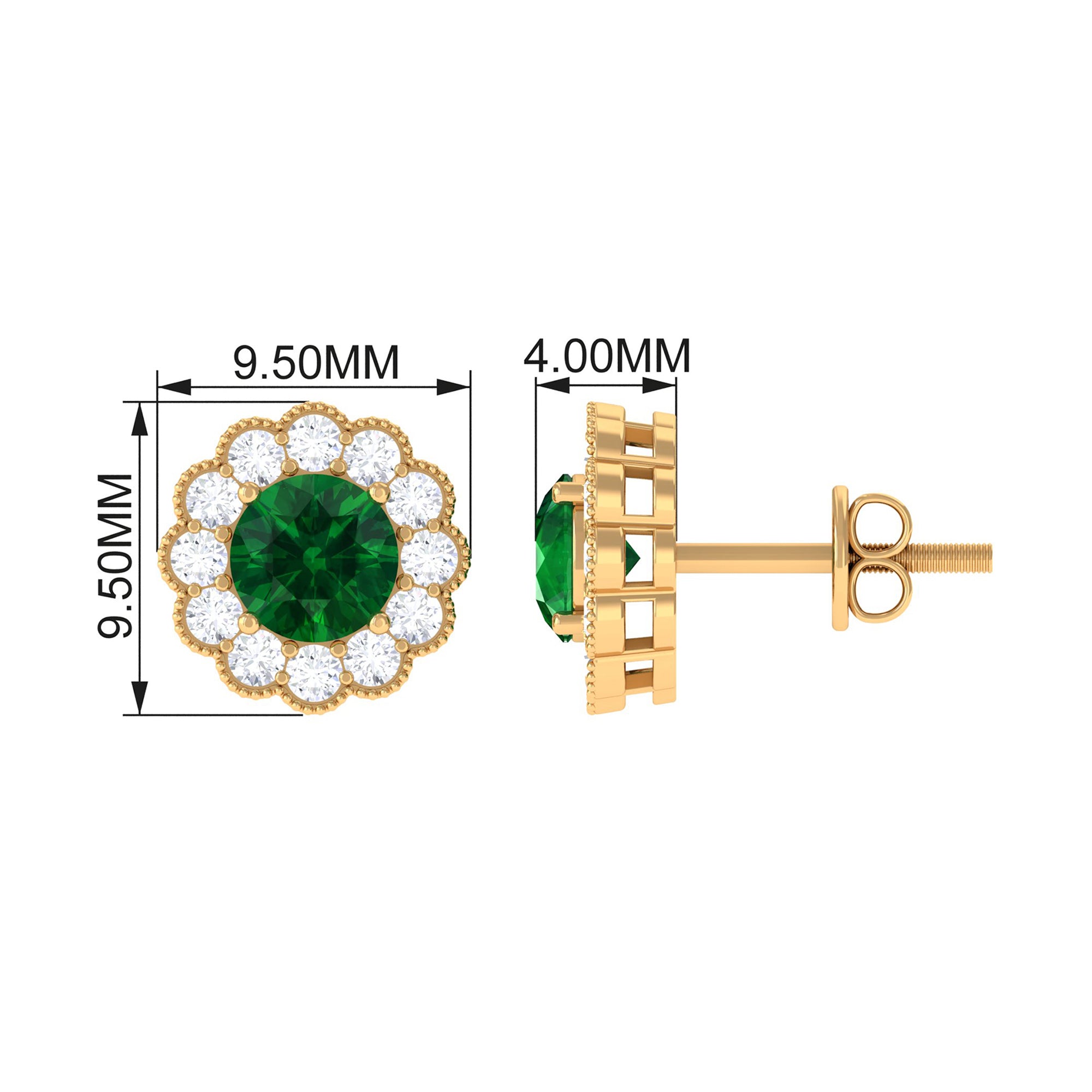 Lab Created Emerald Floral Halo Stud Earrings with Diamond Lab Created Emerald - ( AAAA ) - Quality - Rosec Jewels
