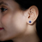 Round Created Blue Sapphire Halo Silver Stud Earrings with Moissanite - Rosec Jewels