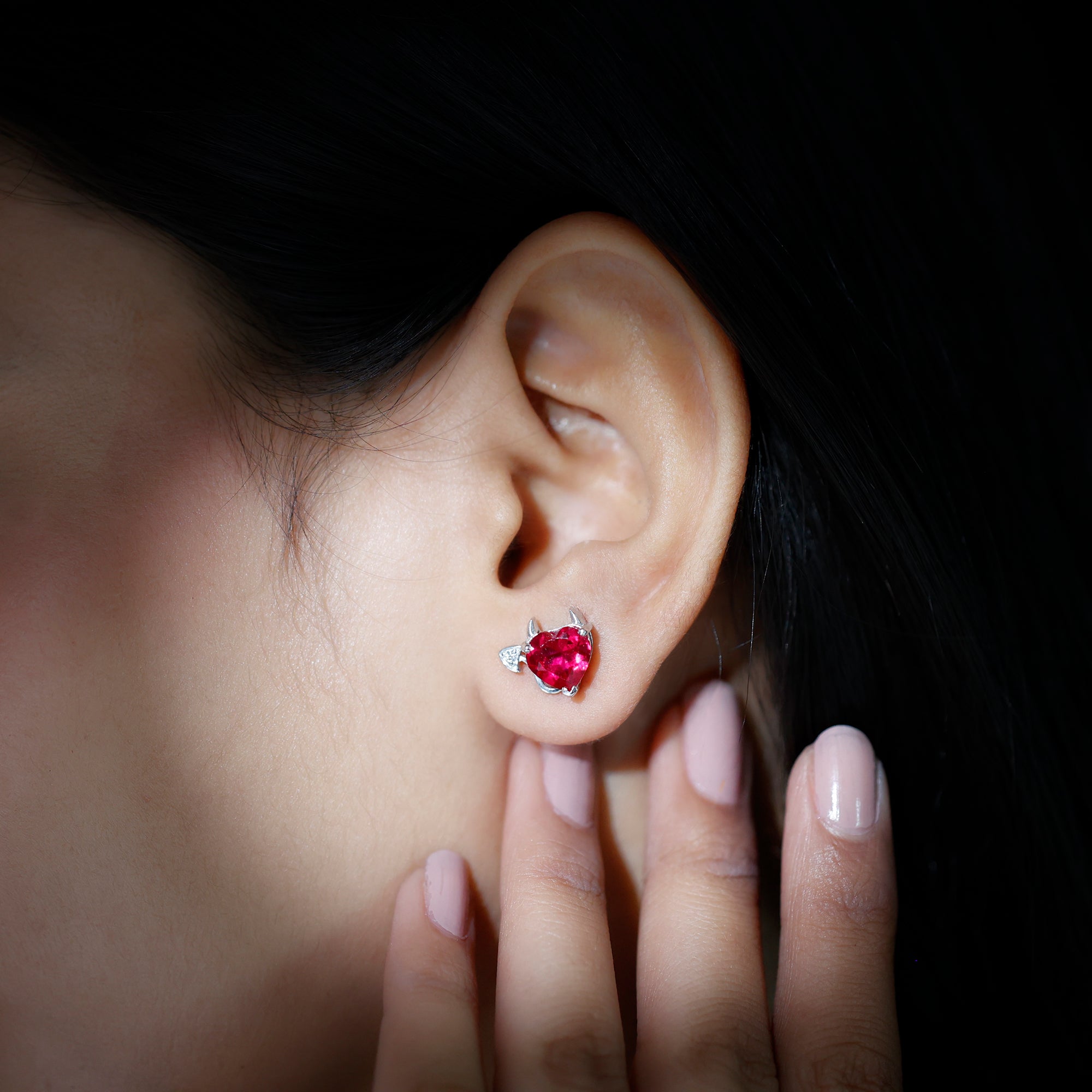 Lab Grown Ruby and Zircon Devil Heart Earrings in Silver Lab Created Ruby - ( AAAA ) - Quality 92.5 Sterling Silver - Rosec Jewels