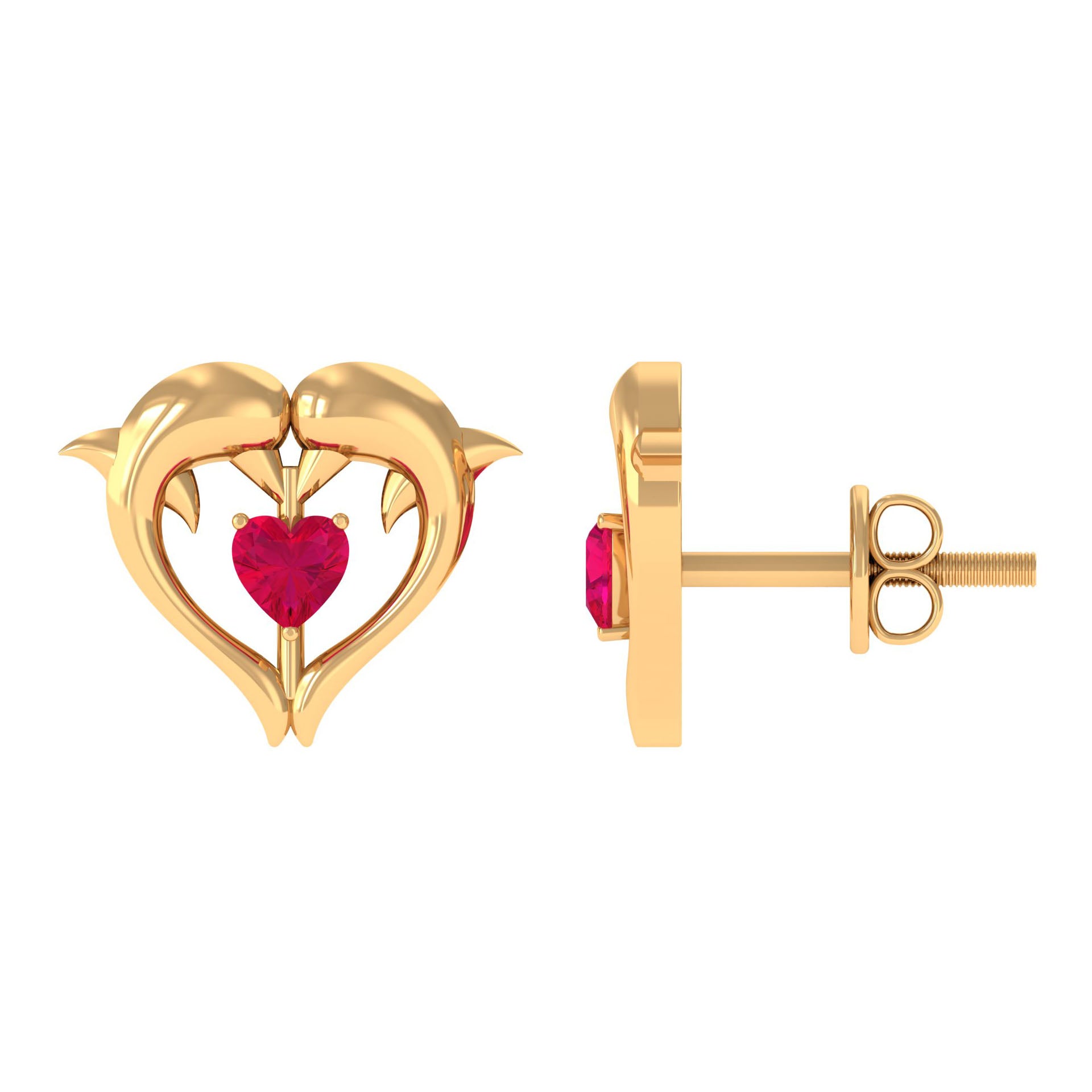Heart Shape Ruby Dolphin Stud Earrings Ruby - ( AAA ) - Quality - Rosec Jewels