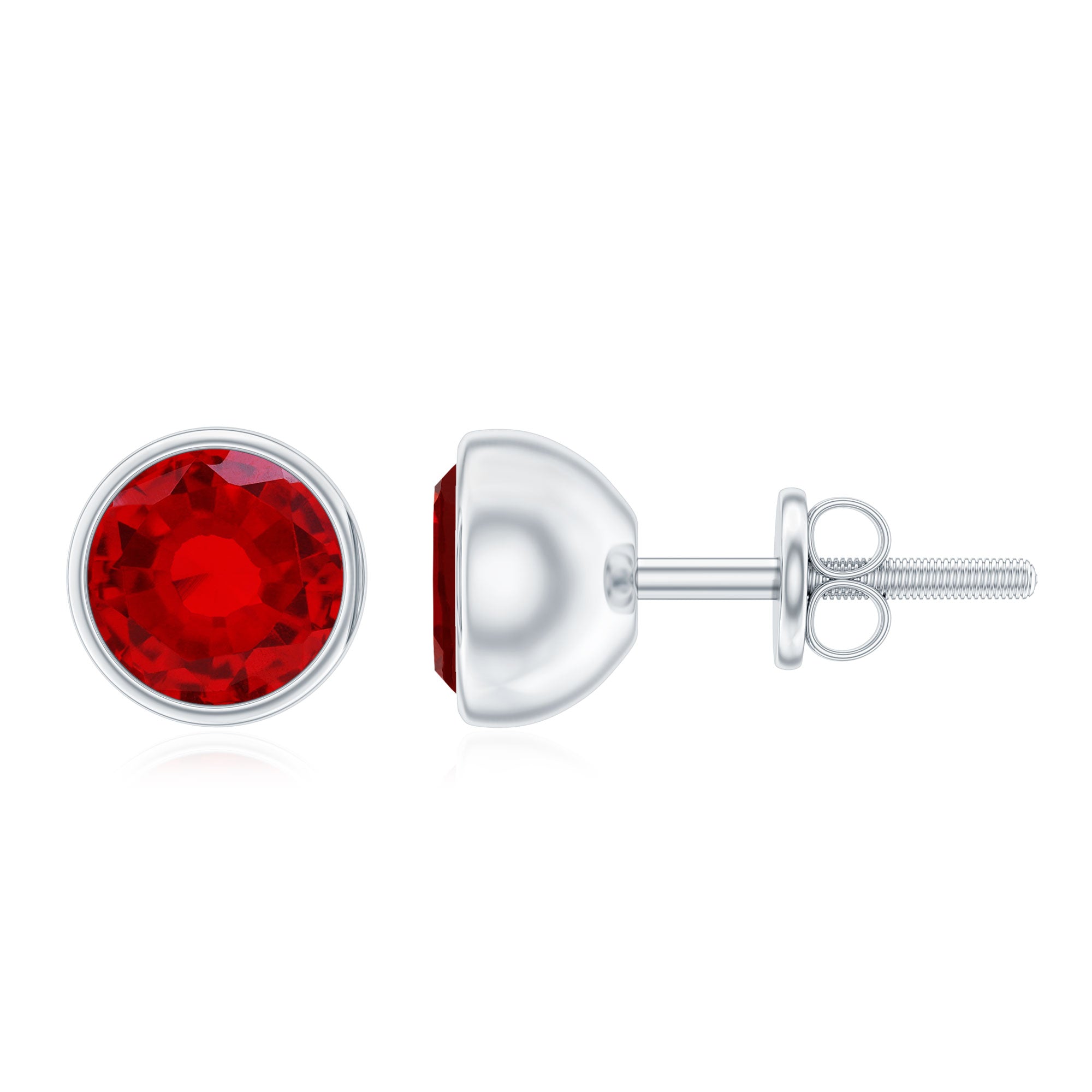 Created Ruby Solitaire Silver Stud Earrings in Bezel Setting Lab Created Ruby - ( AAAA ) - Quality 92.5 Sterling Silver - Rosec Jewels