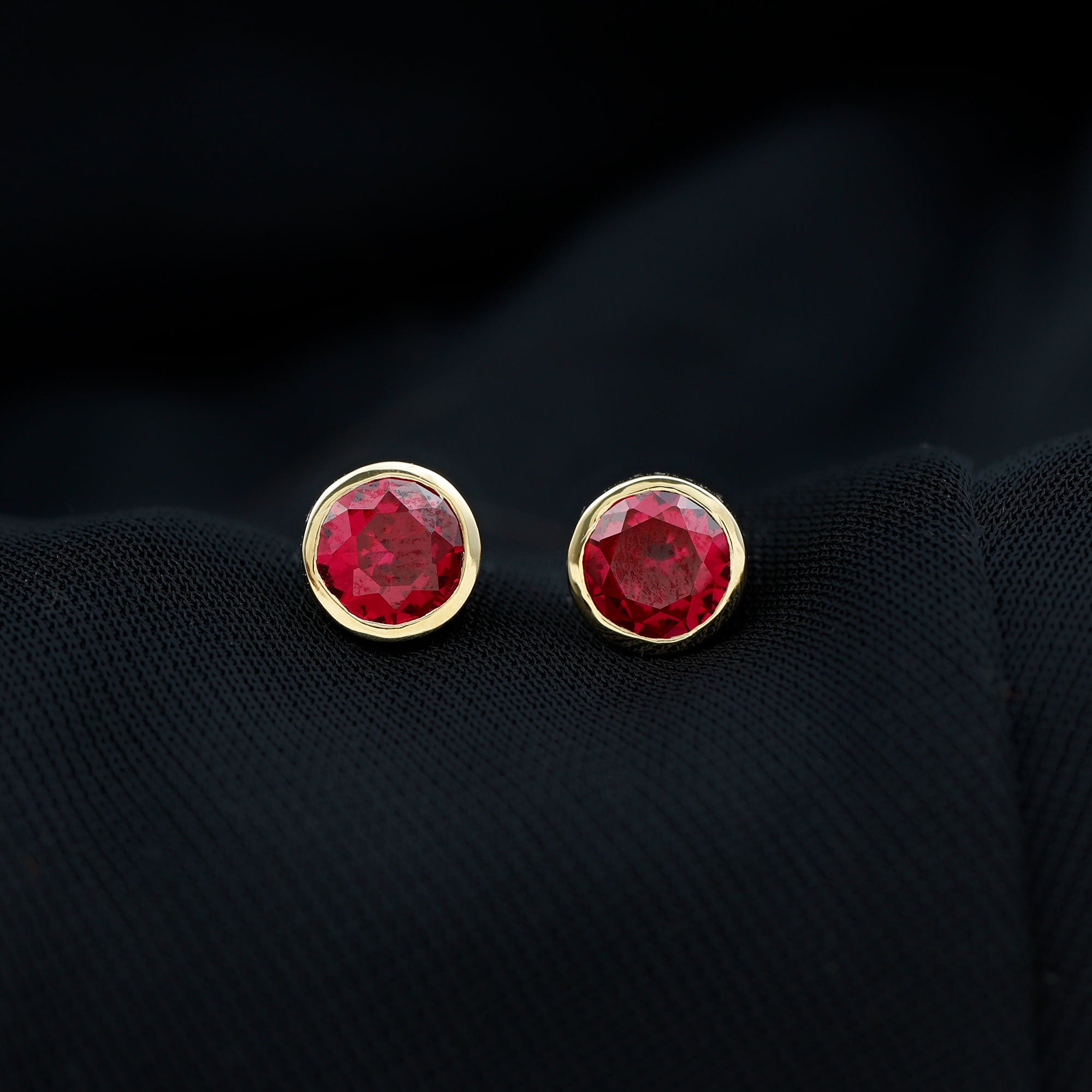 Created Ruby Solitaire Stud Earrings in Bezel Setting Lab Created Ruby - ( AAAA ) - Quality - Rosec Jewels