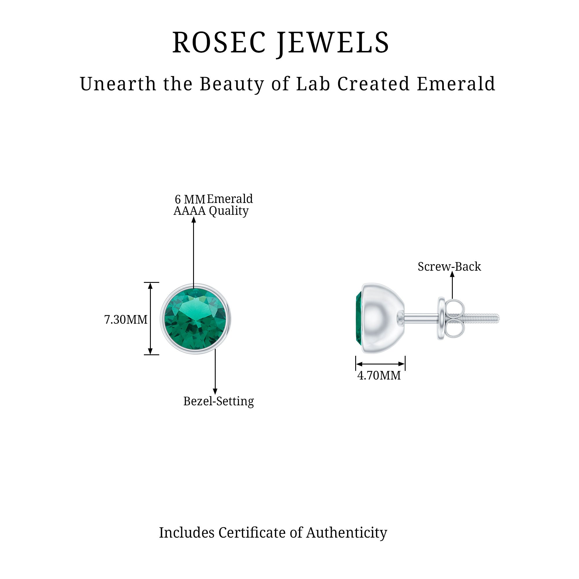 1.5 CT Bezel Set Created Emerald Solitaire Stud Earrings in Silver Lab Created Emerald - ( AAAA ) - Quality 92.5 Sterling Silver - Rosec Jewels