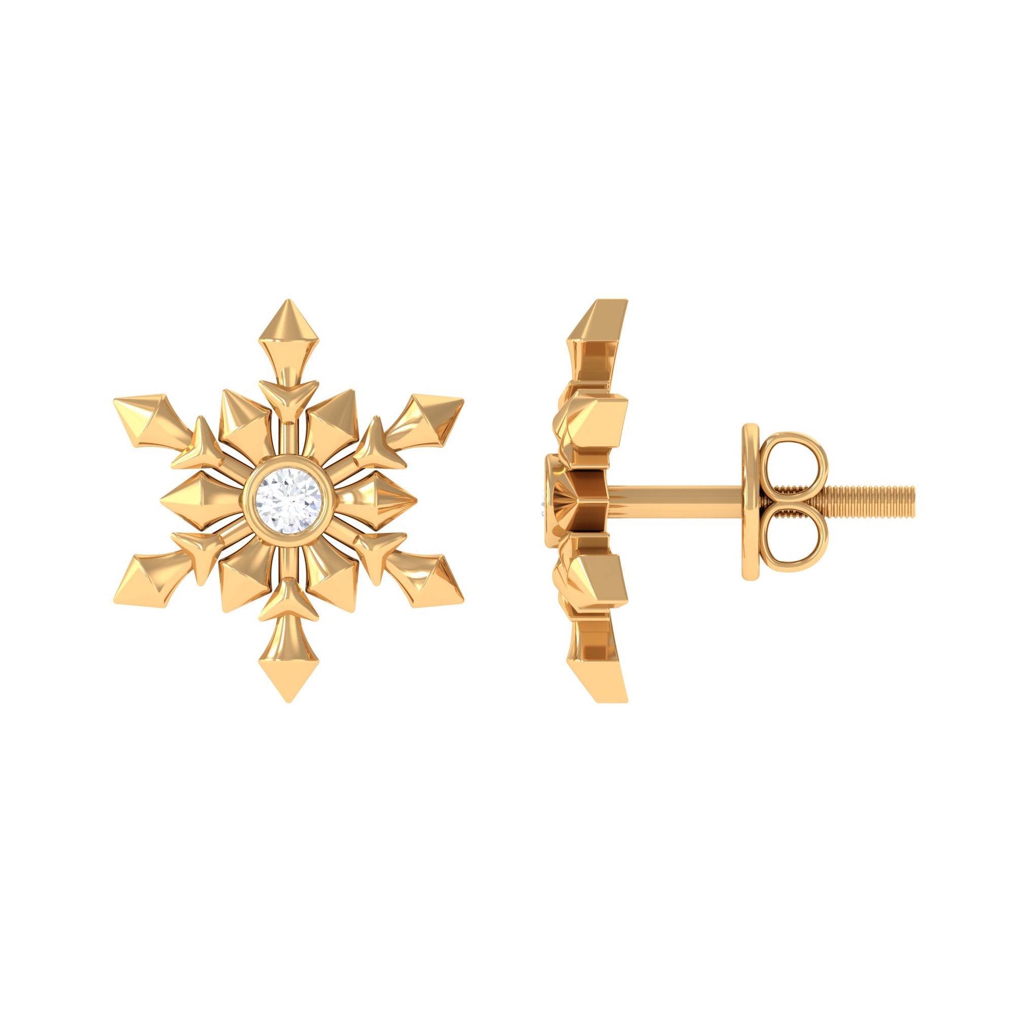 Snowflake Stud Earrings with Bezel Set Diamond Diamond - ( HI-SI ) - Color and Clarity 14K Yellow Gold - Rosec Jewels