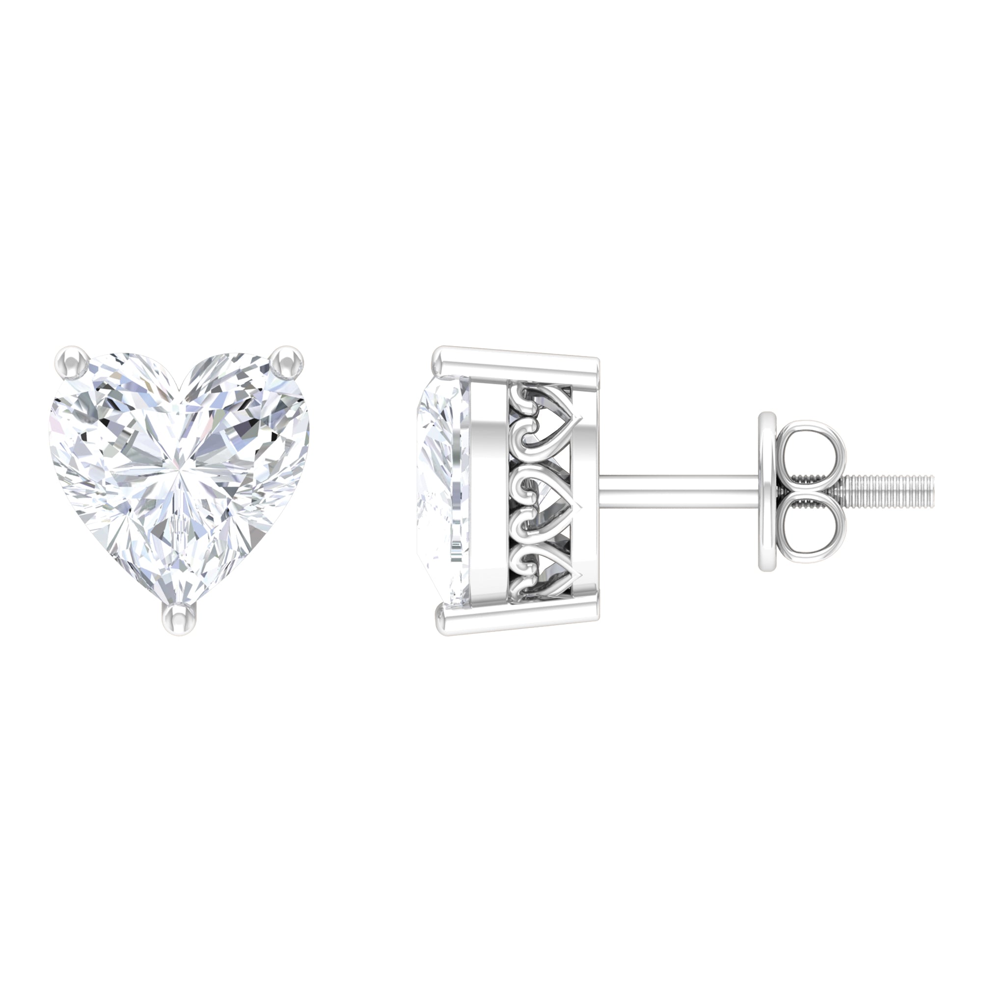 Heart Shape Cubic Zirconia Solitaire Stud Earrings in Silver Zircon - ( AAAA ) - Quality 92.5 Sterling Silver - Rosec Jewels