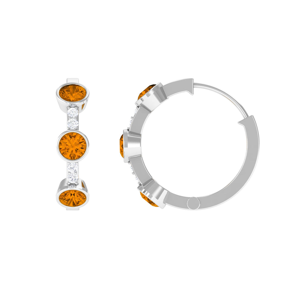 Bezel Set Citrine 3 Stone Hinged Hoop Earrings with Diamond Citrine - ( AAA ) - Quality - Rosec Jewels
