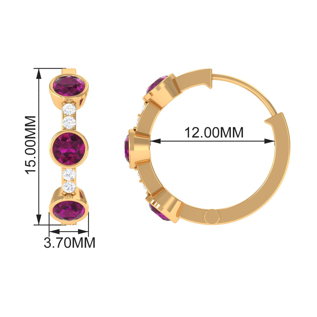 Bezel Set Rhodolite 3 Stone Hinged Hoop Earrings with Diamond Rhodolite - ( AAA ) - Quality - Rosec Jewels