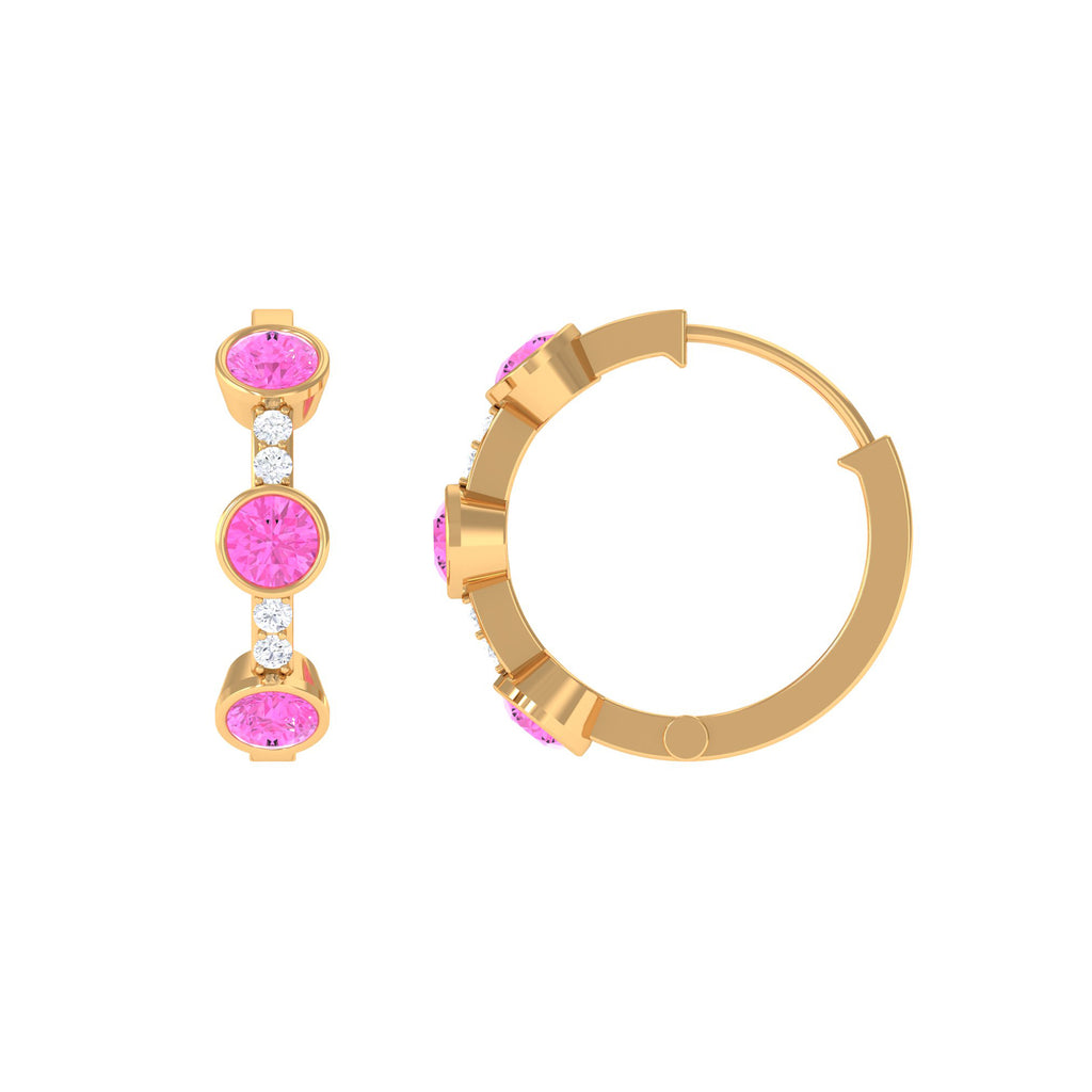 Bezel Set Pink Sapphire 3 Stone Hinged Hoop Earrings with Diamond Pink Sapphire - ( AAA ) - Quality - Rosec Jewels