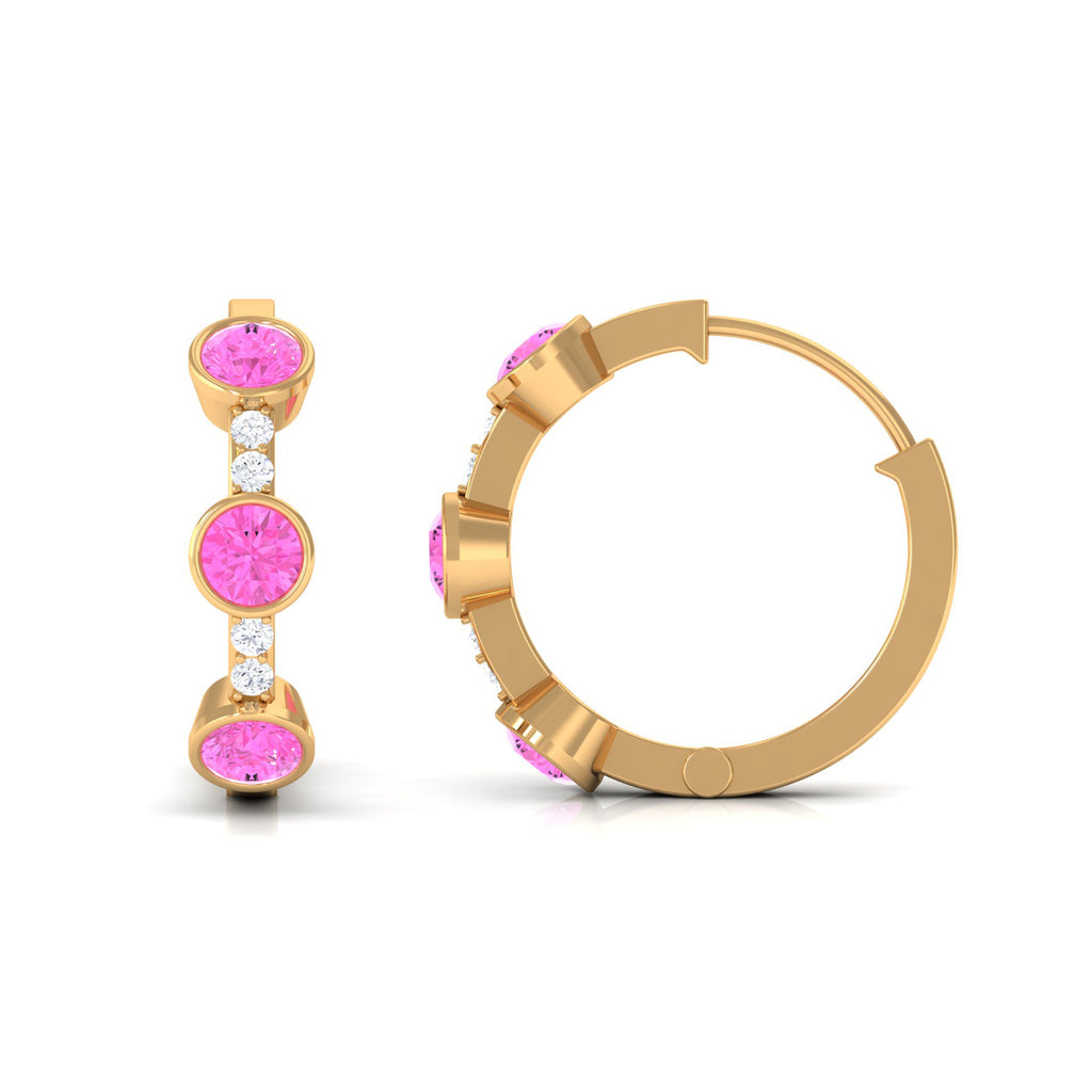 Bezel Set Pink Sapphire 3 Stone Hinged Hoop Earrings with Diamond Pink Sapphire - ( AAA ) - Quality - Rosec Jewels