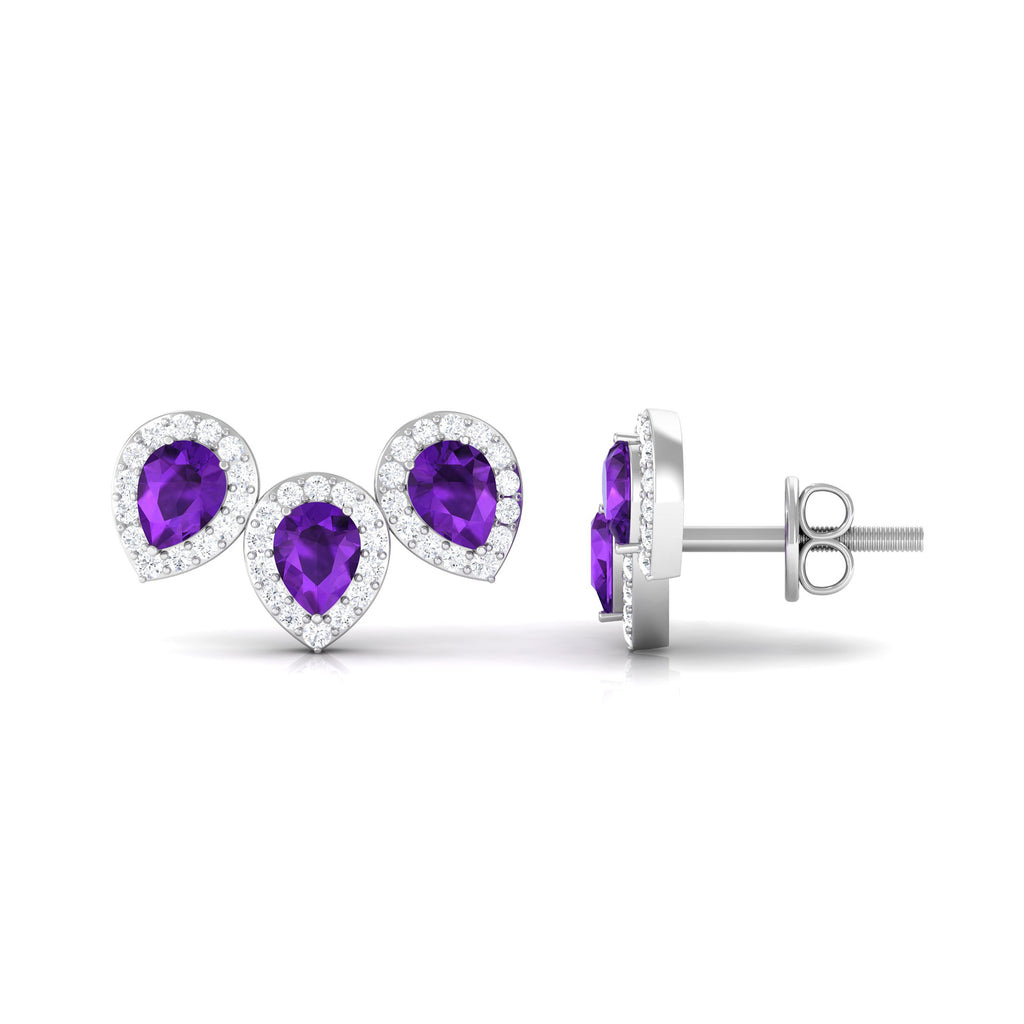 Pear Cut Amethyst 3 Stone Stud Earring with Diamond Halo Amethyst - ( AAA ) - Quality - Rosec Jewels