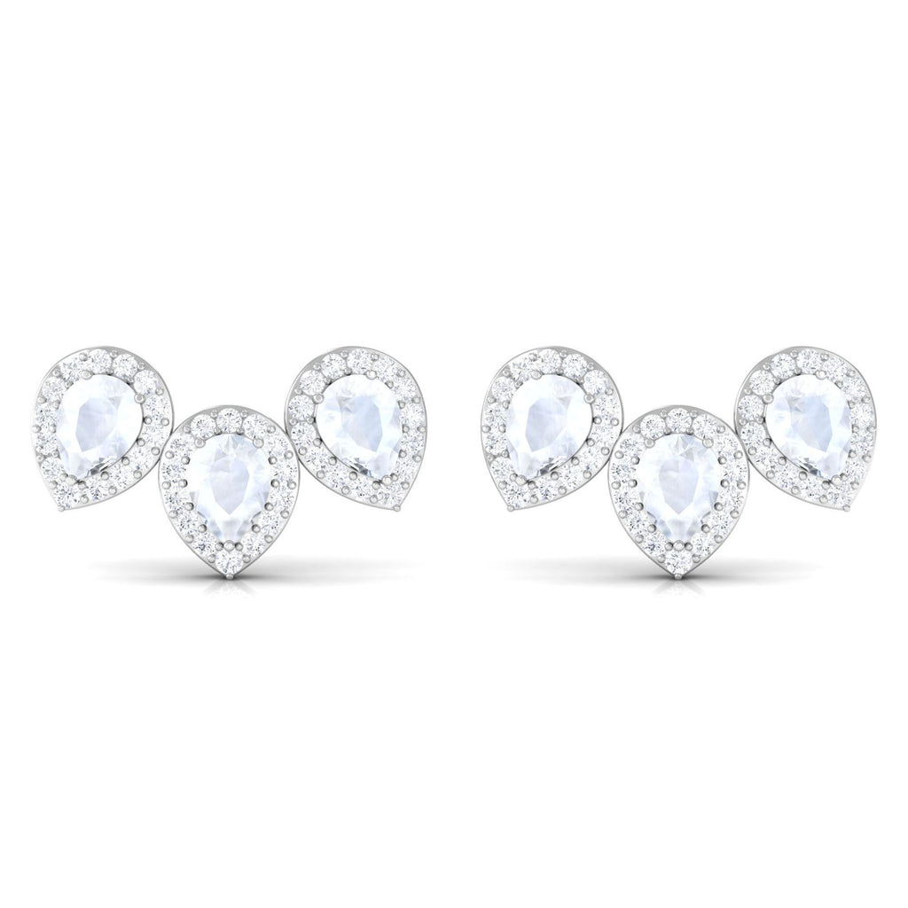 Pear Shape Moonstone Three Stone Bridal Stud Earrings with Diamond Halo Moonstone - ( AAA ) - Quality - Rosec Jewels