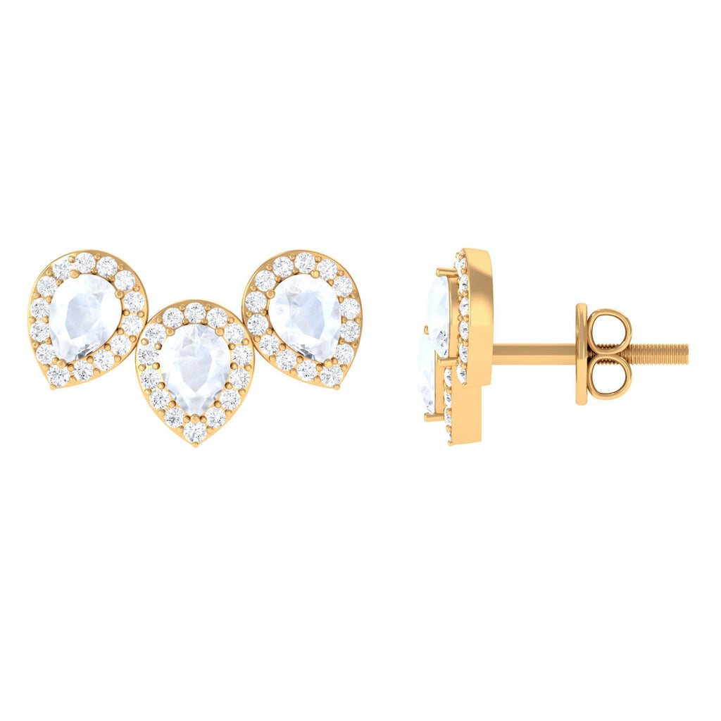 Pear Shape Moonstone Three Stone Bridal Stud Earrings with Diamond Halo Moonstone - ( AAA ) - Quality - Rosec Jewels