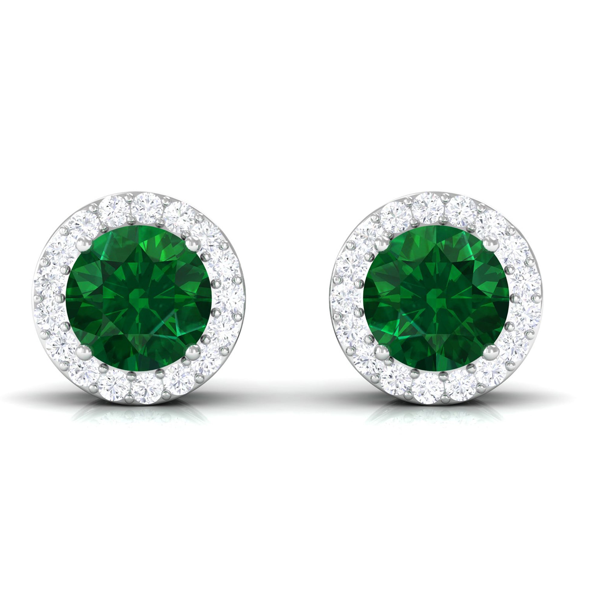 Created Emerald and Diamond Classic Halo Stud Earrings Lab Created Emerald - ( AAAA ) - Quality - Rosec Jewels
