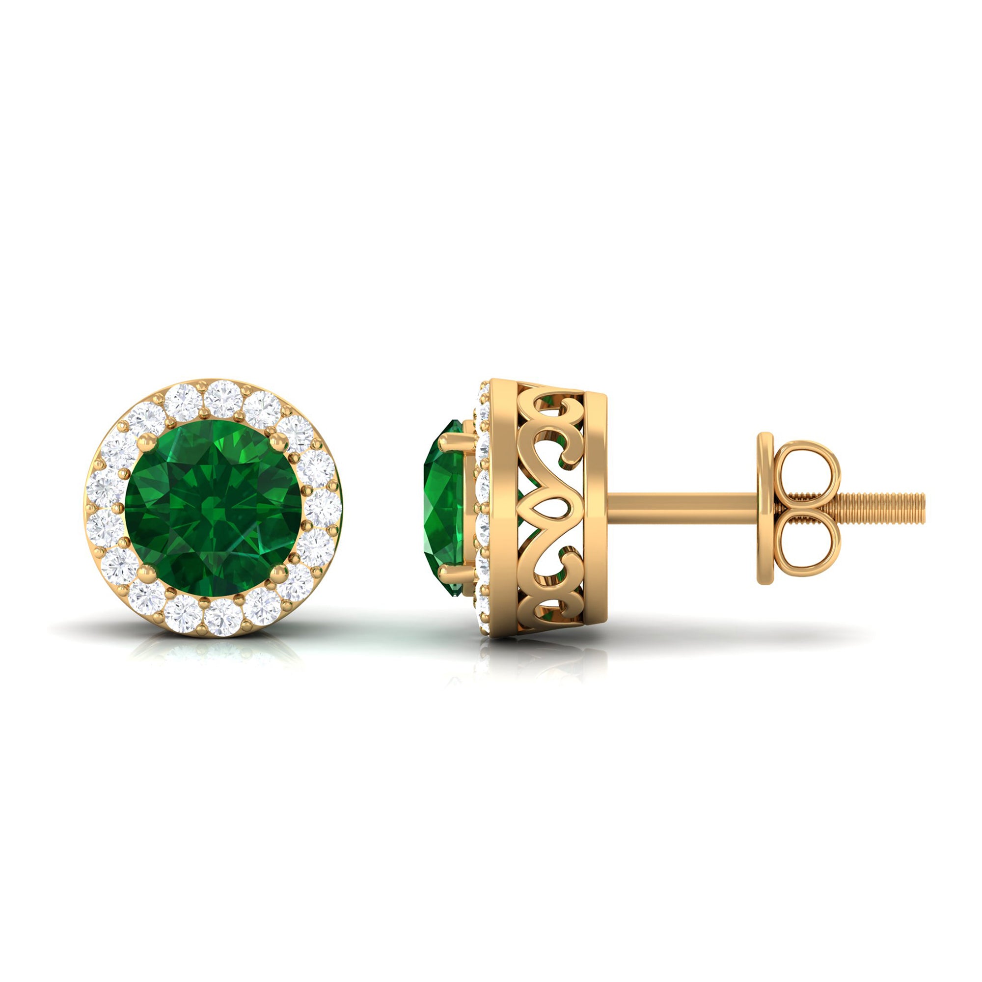 Created Emerald and Diamond Classic Halo Stud Earrings Lab Created Emerald - ( AAAA ) - Quality - Rosec Jewels