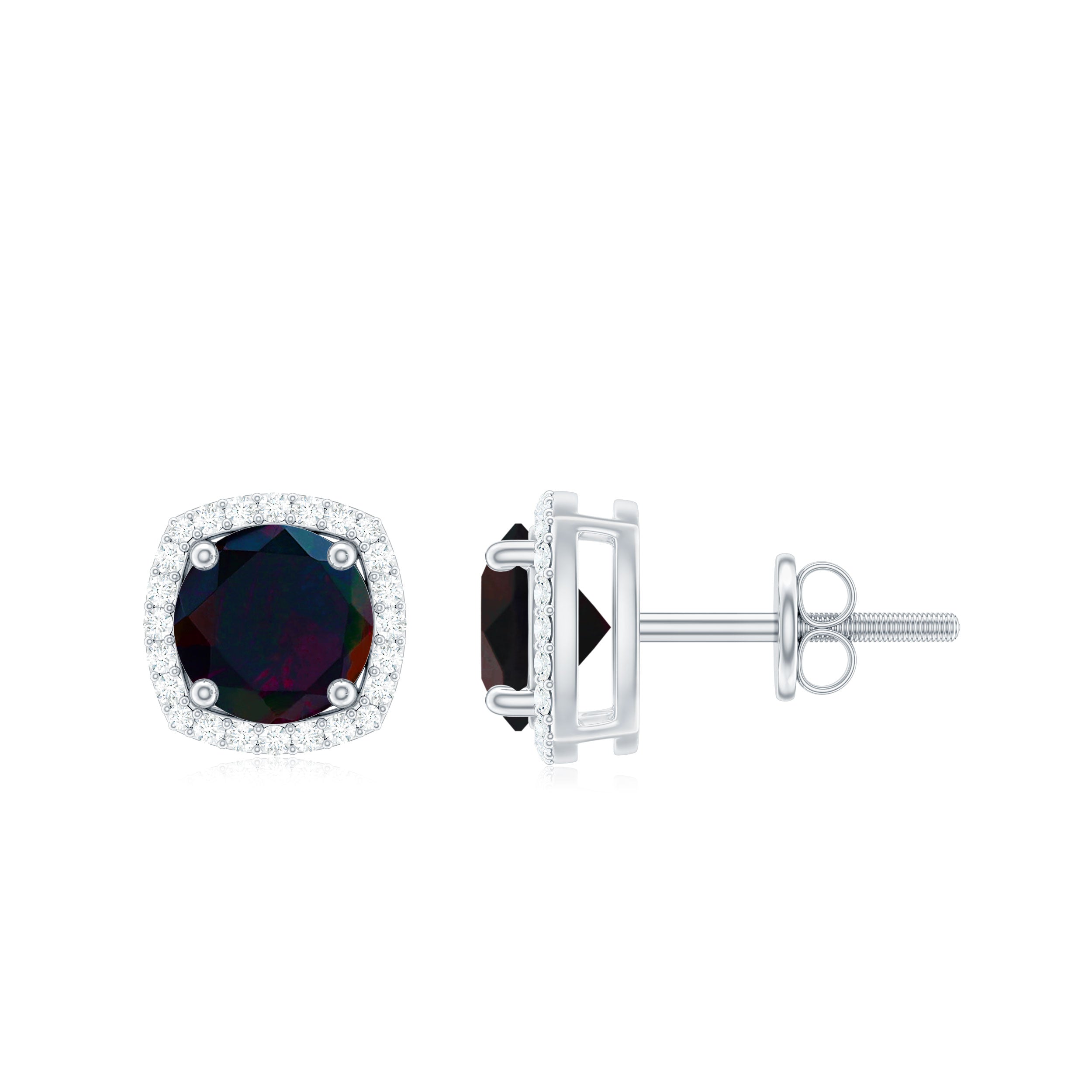 1.75 CT Round Shape Black Opal Silver Stud Earrings with Moissanite Halo Black Opal - ( AAA ) - Quality 92.5 Sterling Silver - Rosec Jewels