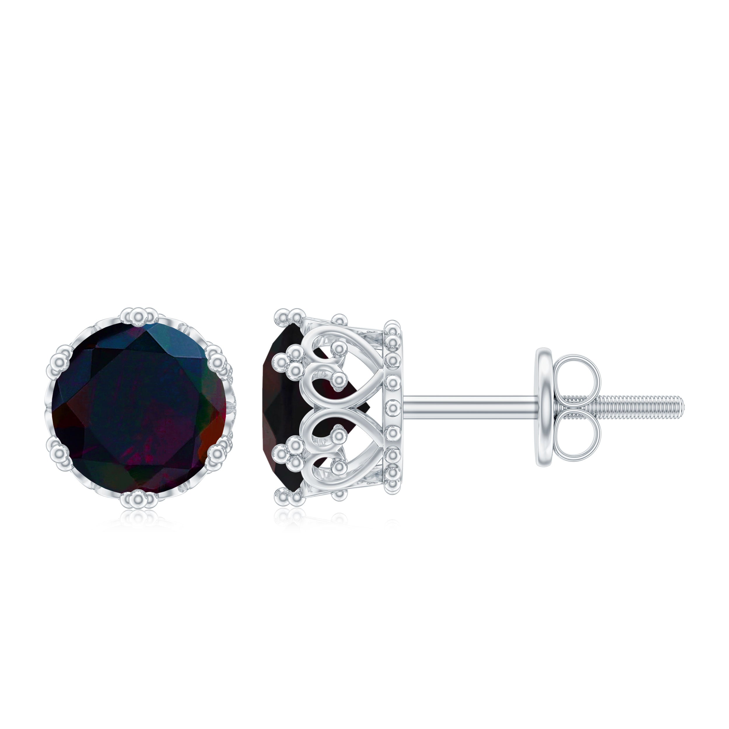 1.50 CT Solitaire Black Opal Crown Silver Stud Earrings with Screw Back Black Opal - ( AAA ) - Quality 92.5 Sterling Silver - Rosec Jewels
