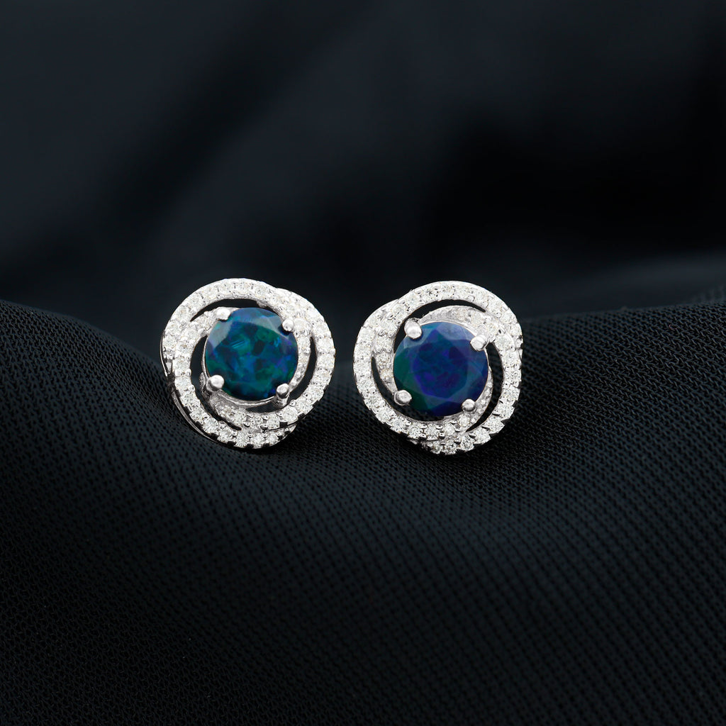 2 CT Black Opal Swirl Stud Earrings with Moissanite in Gold Black Opal - ( AAA ) - Quality - Rosec Jewels