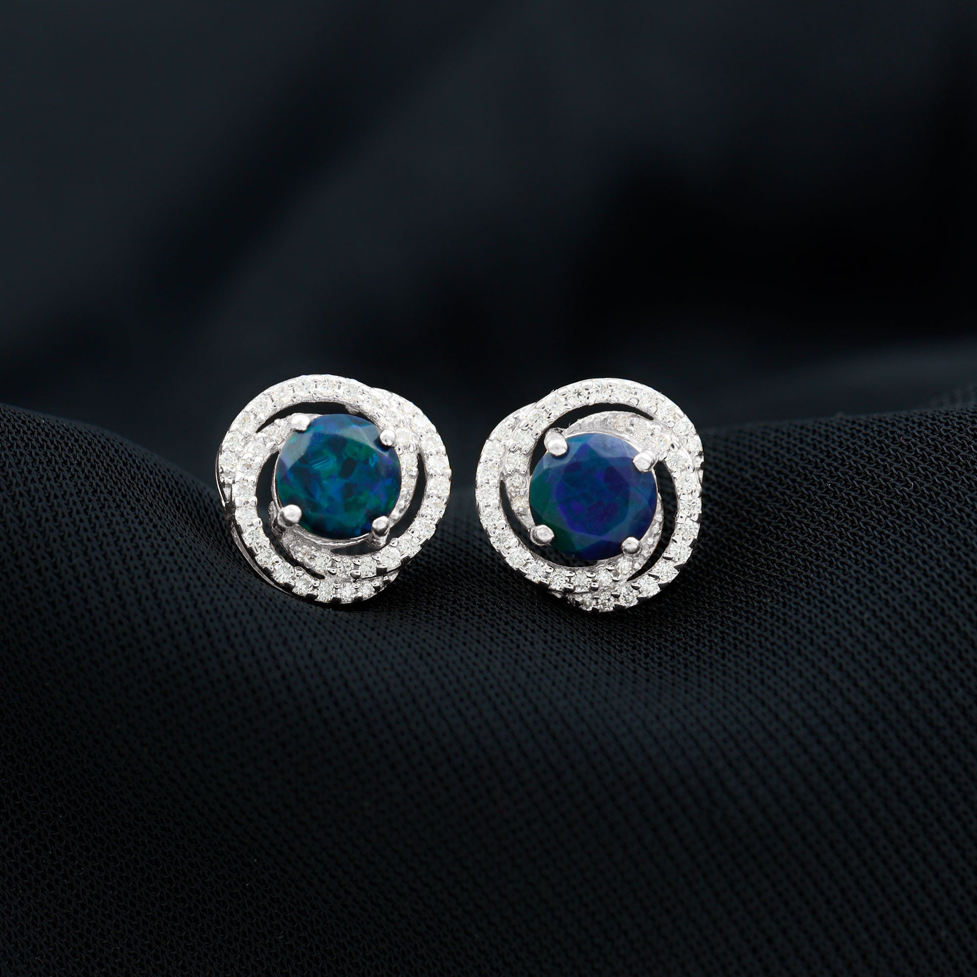 2 CT Black Opal Swirl Stud Earrings with Moissanite in Silver Black Opal - ( AAA ) - Quality 92.5 Sterling Silver - Rosec Jewels