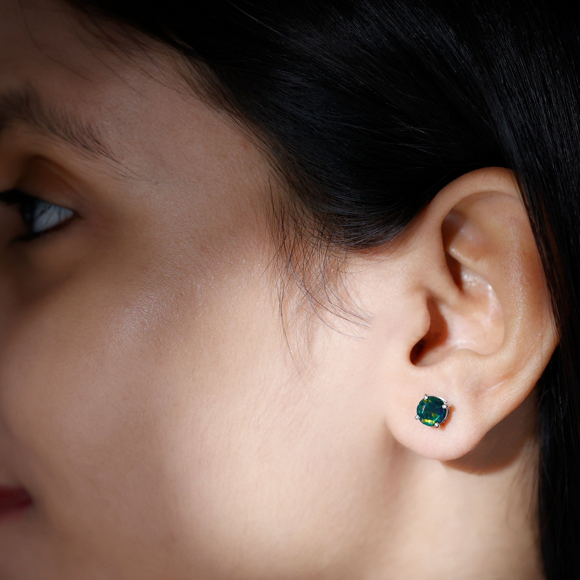 1.50 CT Black Opal Solitaire Stud Earrings in Silver Black Opal - ( AAA ) - Quality 92.5 Sterling Silver - Rosec Jewels