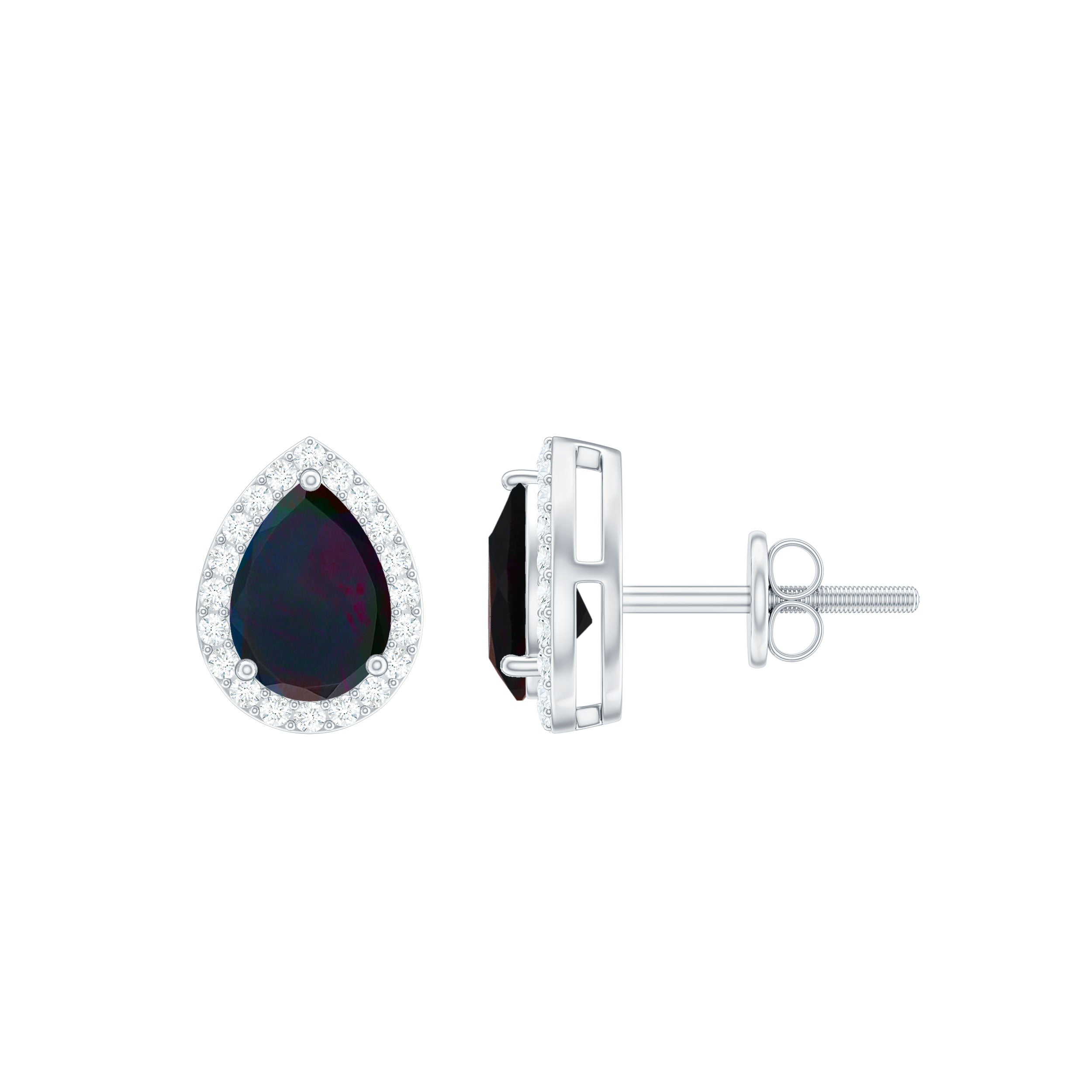 1.5 CT Classic Pear Cut Black Opal and Moissanite Halo Stud Earrings in Silver Black Opal - ( AAA ) - Quality 92.5 Sterling Silver - Rosec Jewels
