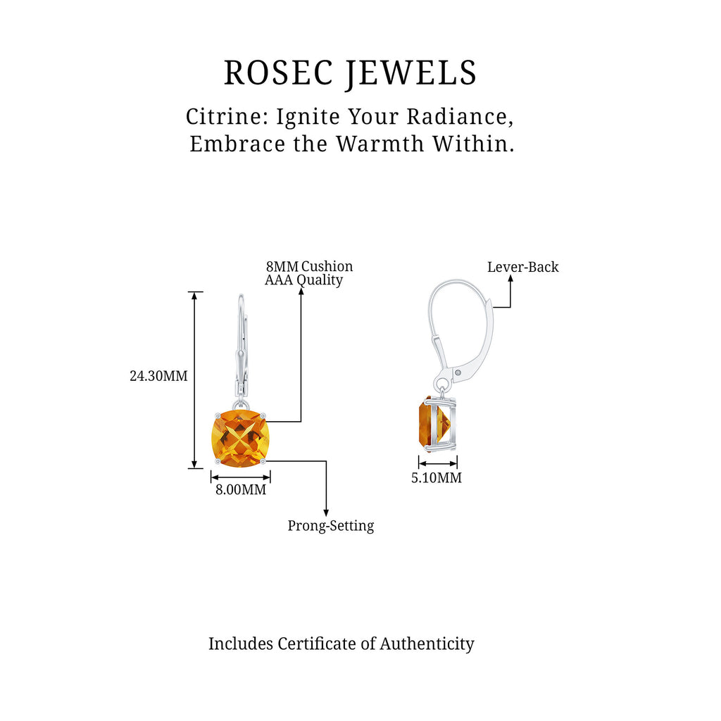 8 MM Cushion Cut Citrine Solitaire Drop Earrings Citrine - ( AAA ) - Quality - Rosec Jewels