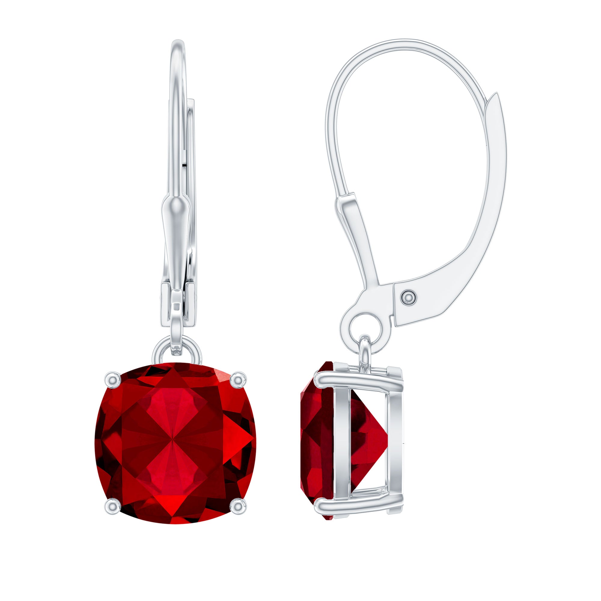 Cushion Cut Solitaire Created Ruby Drop Earrings in Silver Lab Created Ruby - ( AAAA ) - Quality 92.5 Sterling Silver - Rosec Jewels
