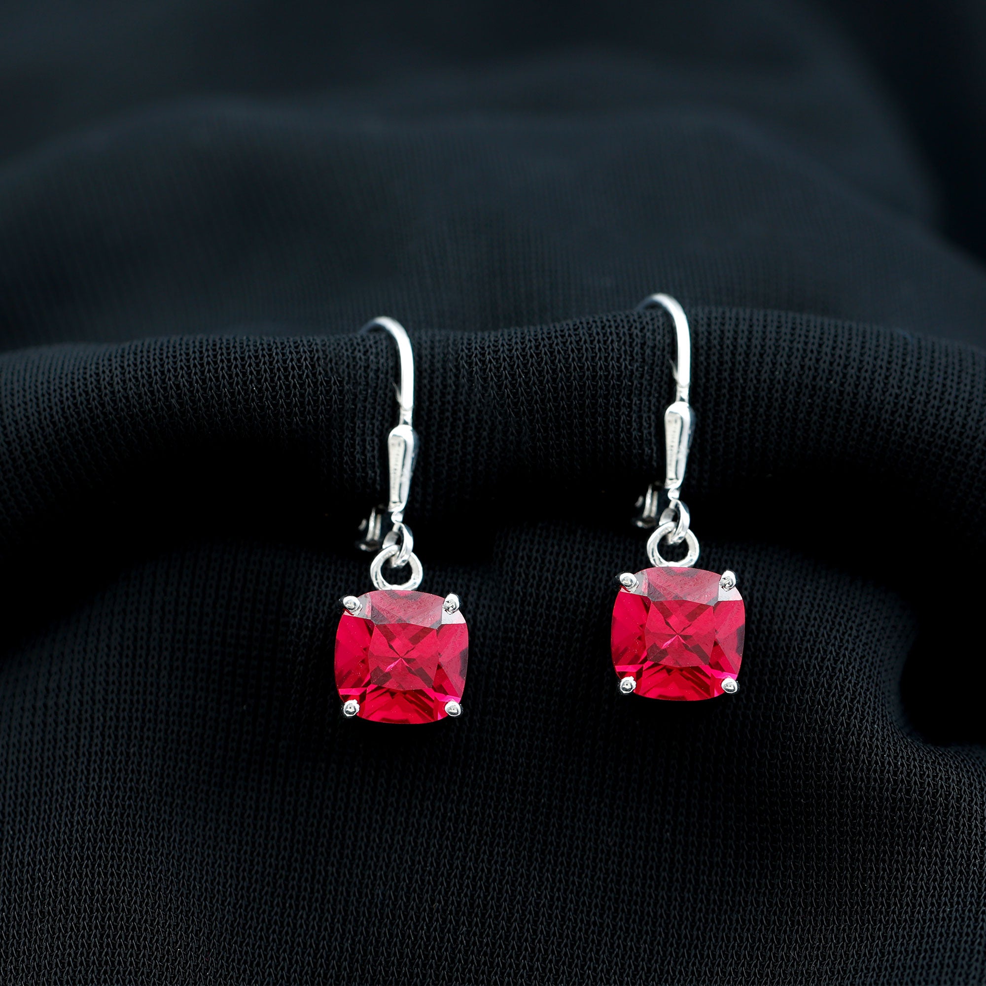 Cushion Cut Solitaire Created Ruby Drop Earrings in Silver Lab Created Ruby - ( AAAA ) - Quality 92.5 Sterling Silver - Rosec Jewels