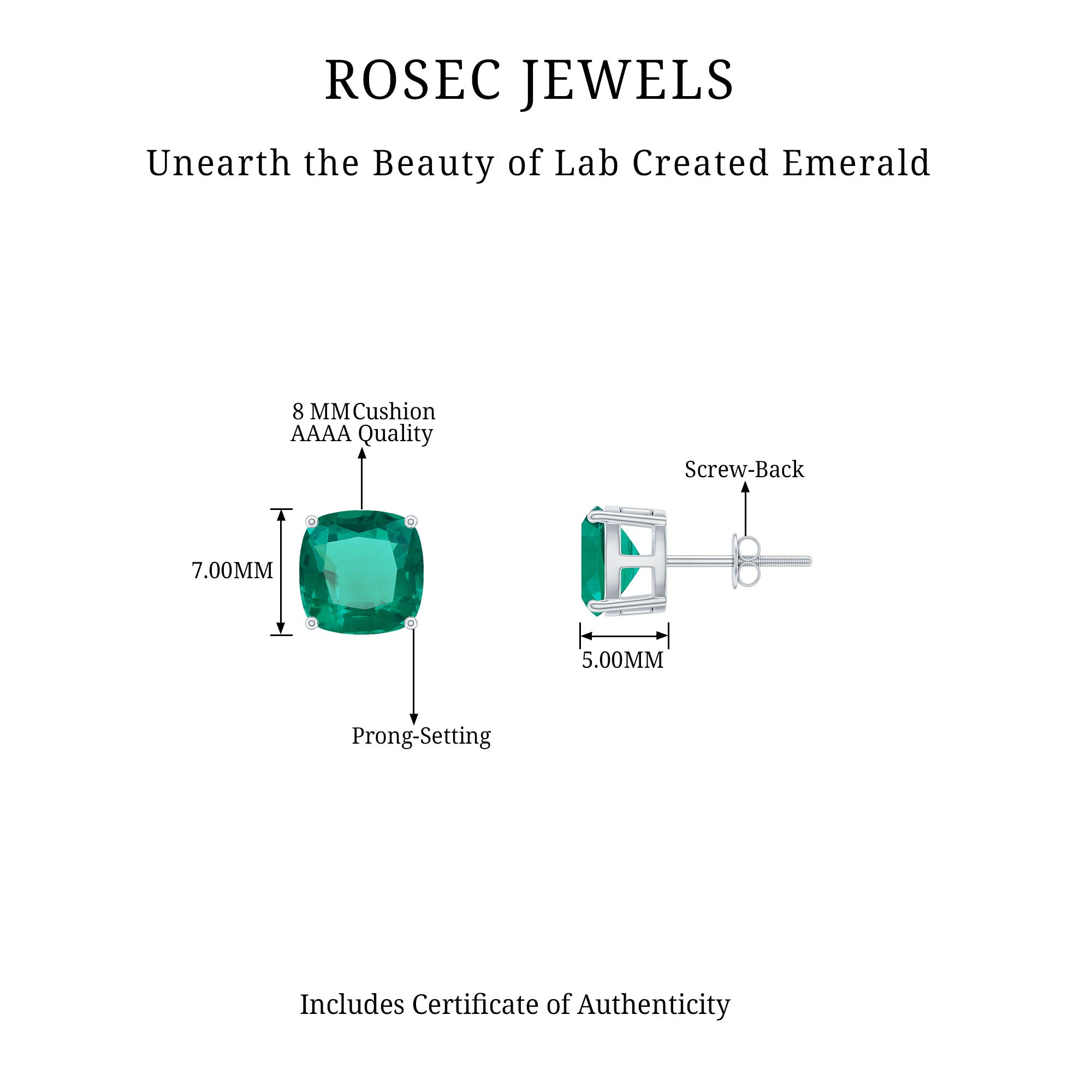 3 CT Cushion Cut Created Emerald Solitaire Stud Earring in Silver Lab Created Emerald - ( AAAA ) - Quality 92.5 Sterling Silver - Rosec Jewels