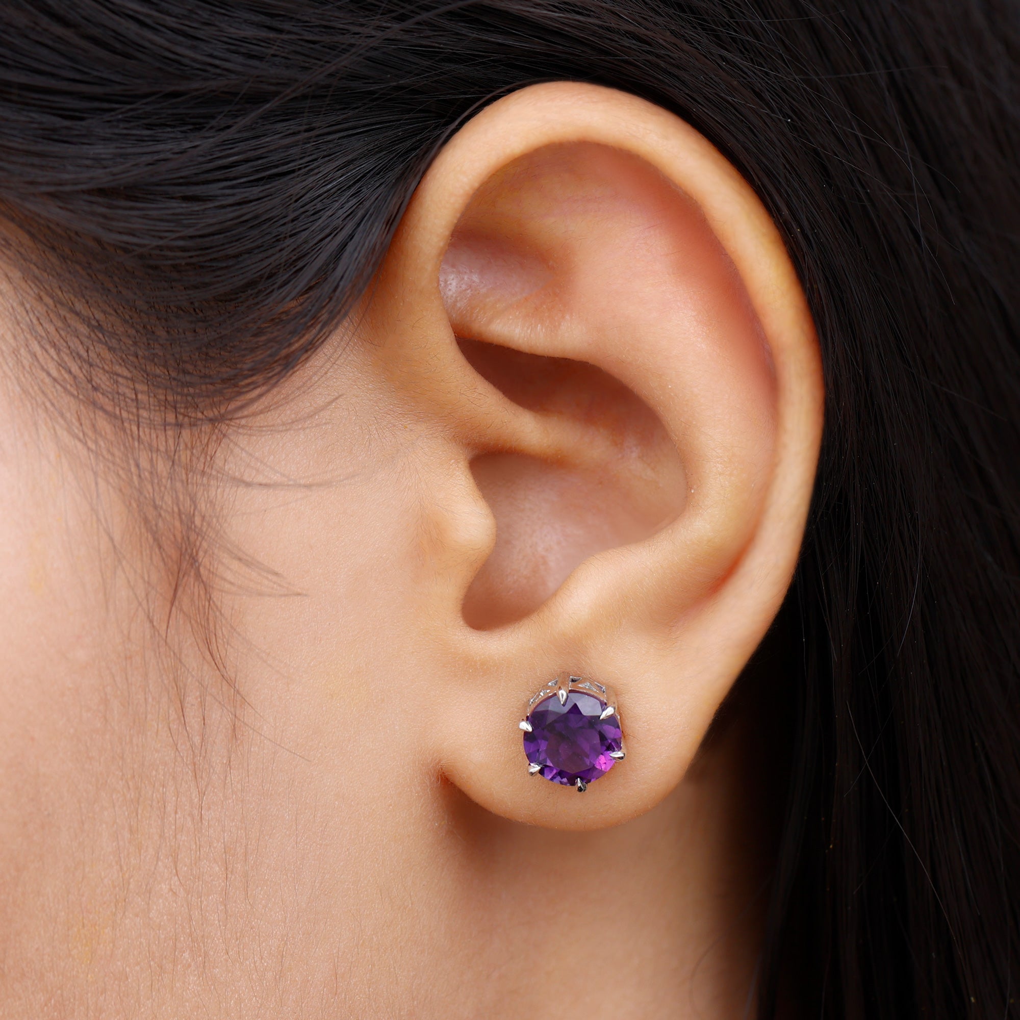 Solitaire Stud Earrings with Round Shaped Amethyst Amethyst - ( AAA ) - Quality - Rosec Jewels