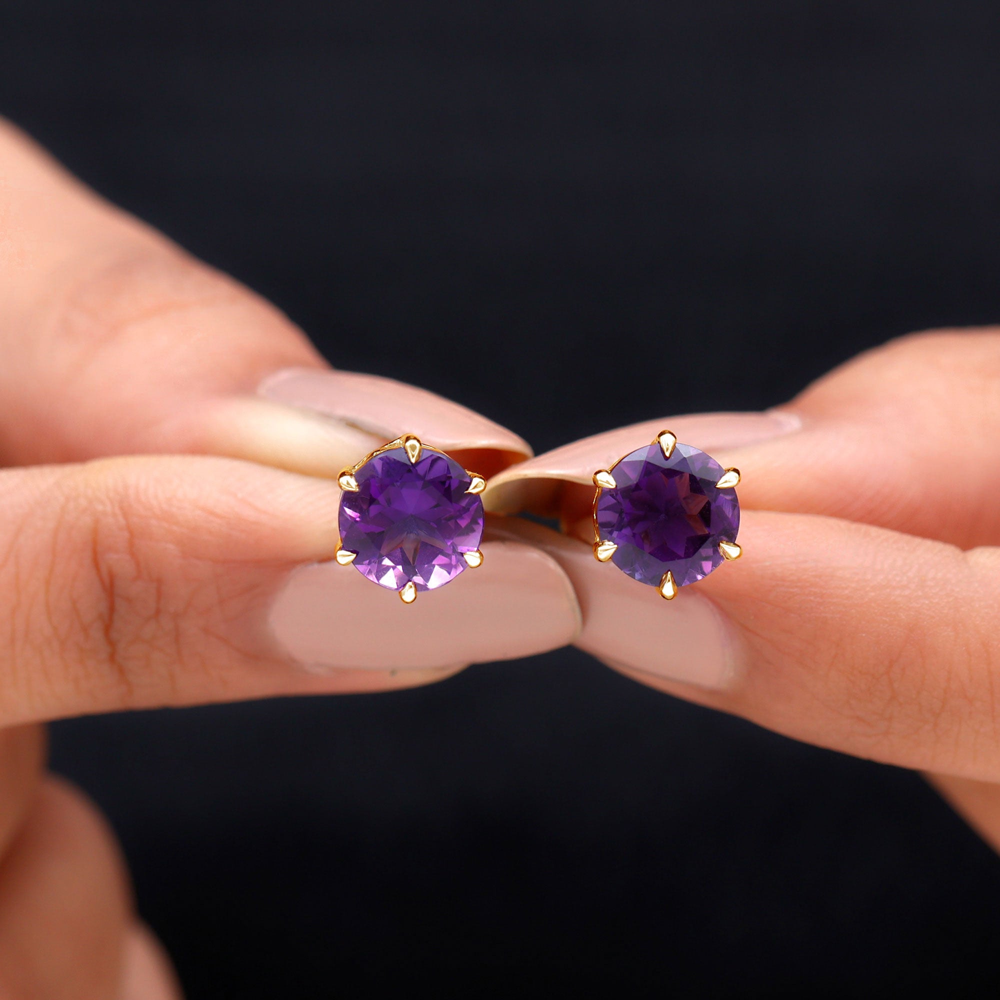 Solitaire Stud Earrings with Round Shaped Amethyst Amethyst - ( AAA ) - Quality - Rosec Jewels