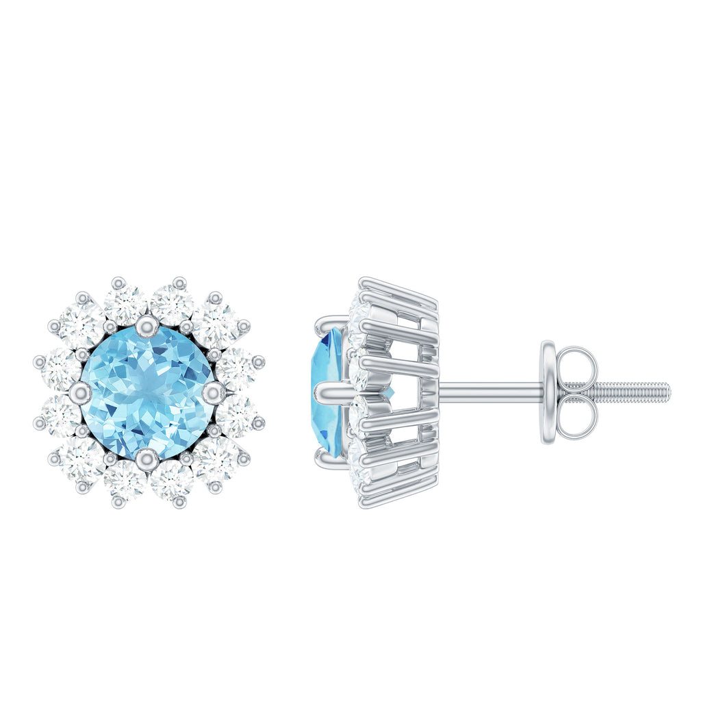 1 CT Classic Aquamarine and Diamond Halo Stud Earrings Aquamarine - ( AAA ) - Quality - Rosec Jewels