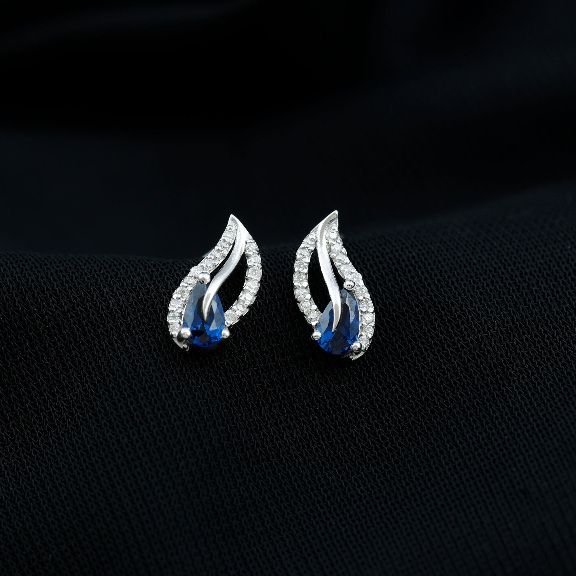 Created Blue Sapphire and Moissanite Leaf Stud Earrings in Silver Lab Created Blue Sapphire - ( AAAA ) - Quality 92.5 Sterling Silver - Rosec Jewels