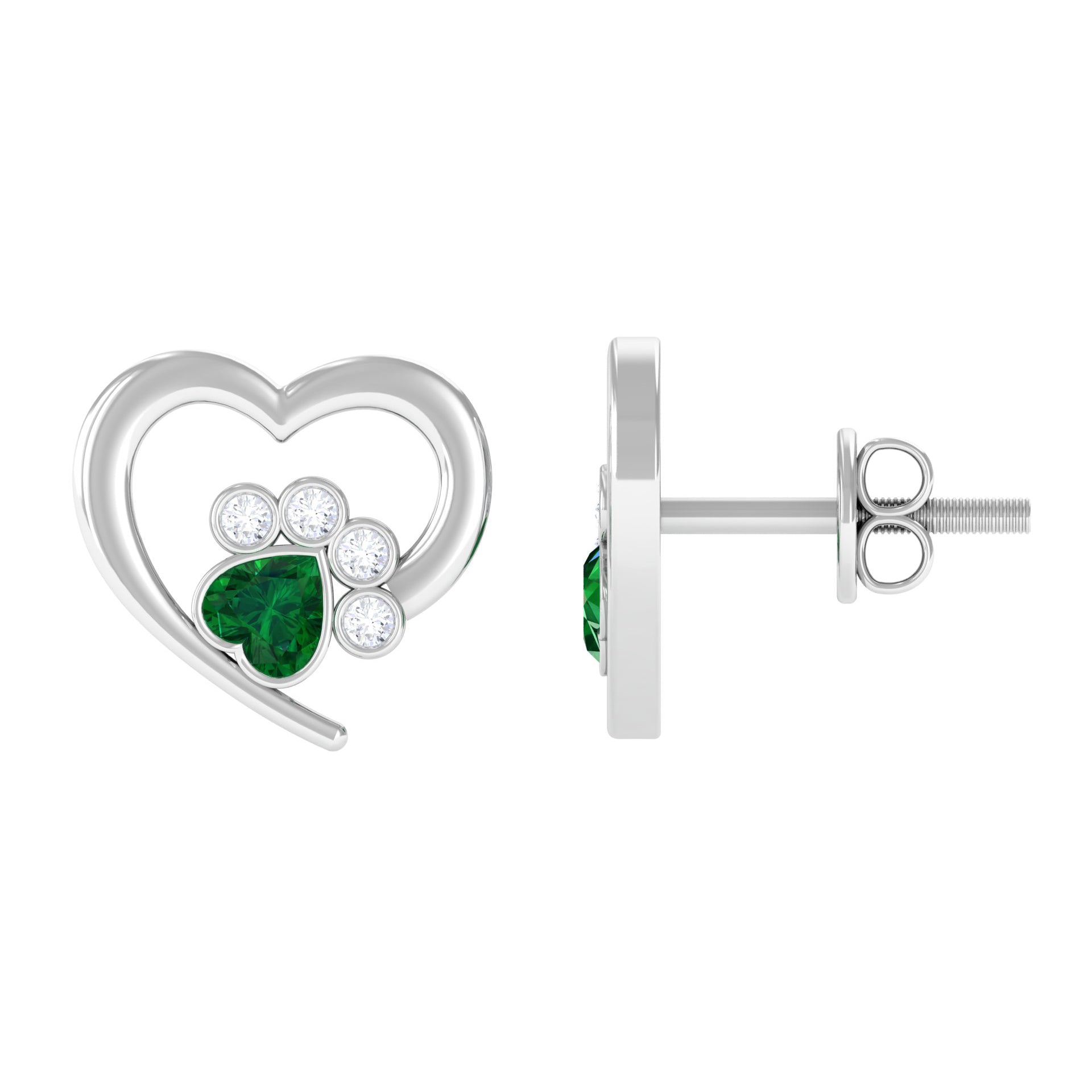 1/4 CT Created Emerald and Moissanite Silver Heart Paw Stud Earrings Lab Created Emerald - ( AAAA ) - Quality 92.5 Sterling Silver - Rosec Jewels