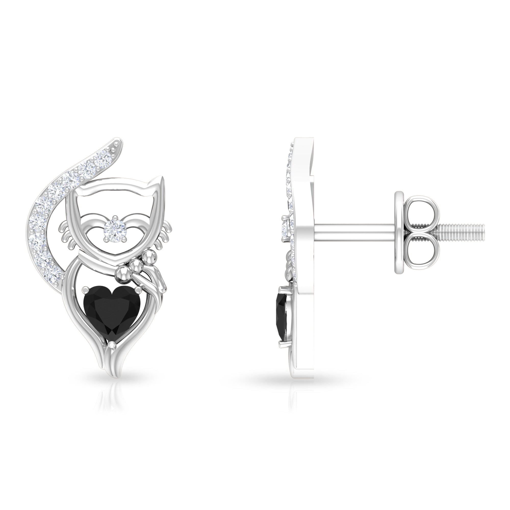 1/2 CT Heart Shape Black Onyx and Moissanite Cat Stud Earrings in Silver - Rosec Jewels