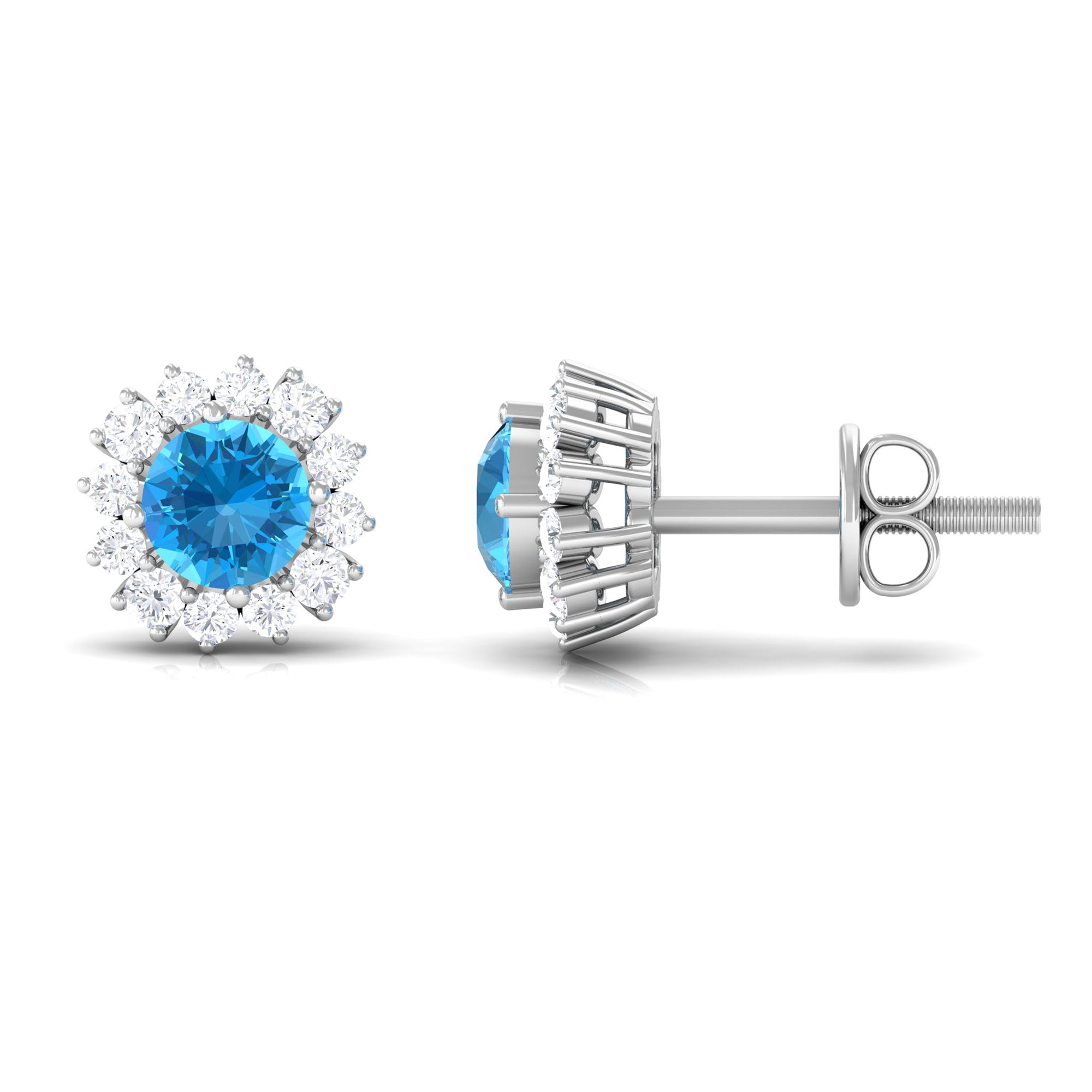 Round Swiss Blue Topaz Classic Stud Earring with Diamond Accent Swiss Blue Topaz - ( AAA ) - Quality - Rosec Jewels