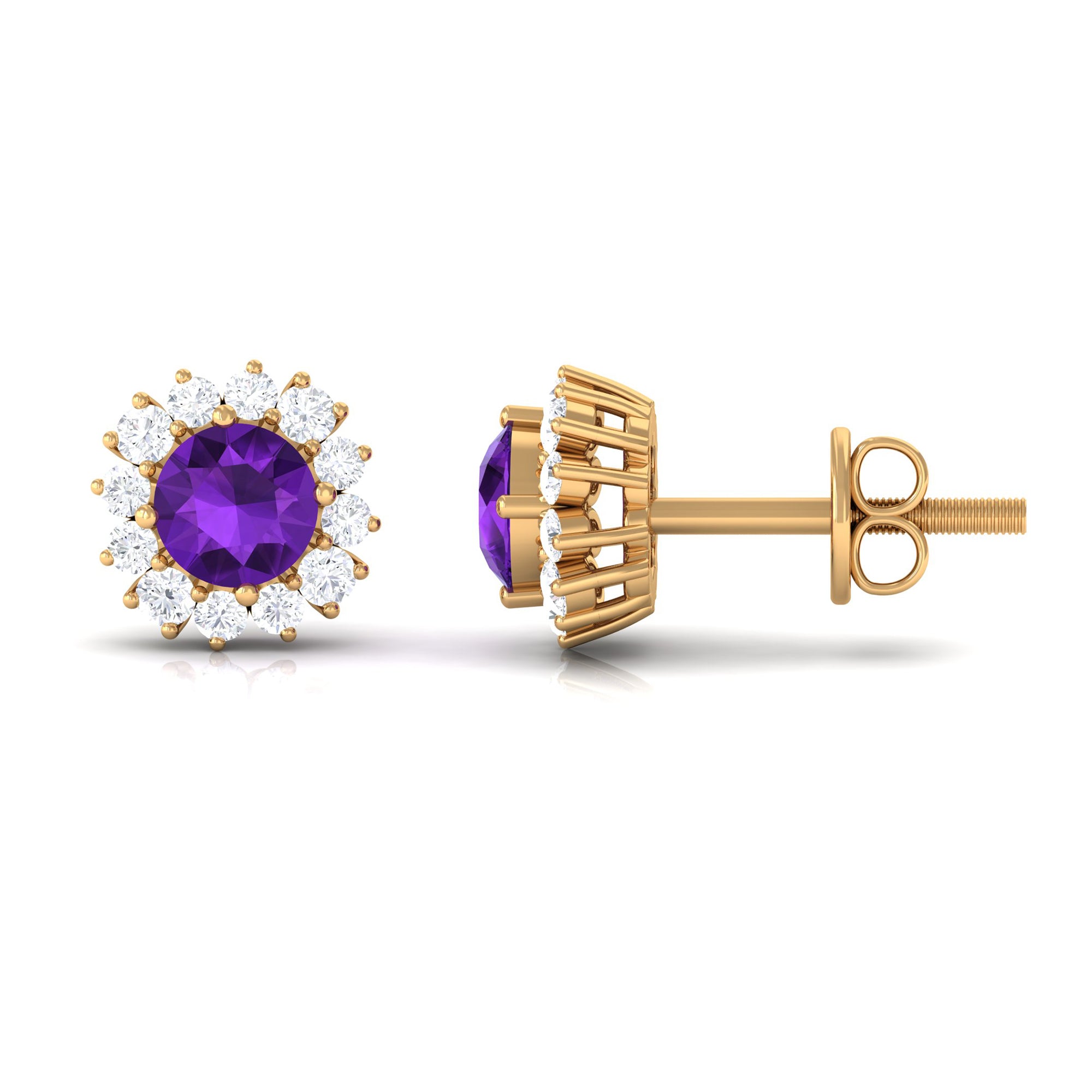 Natural Amethyst Classic Halo Stud Earring with Diamond Amethyst - ( AAA ) - Quality - Rosec Jewels