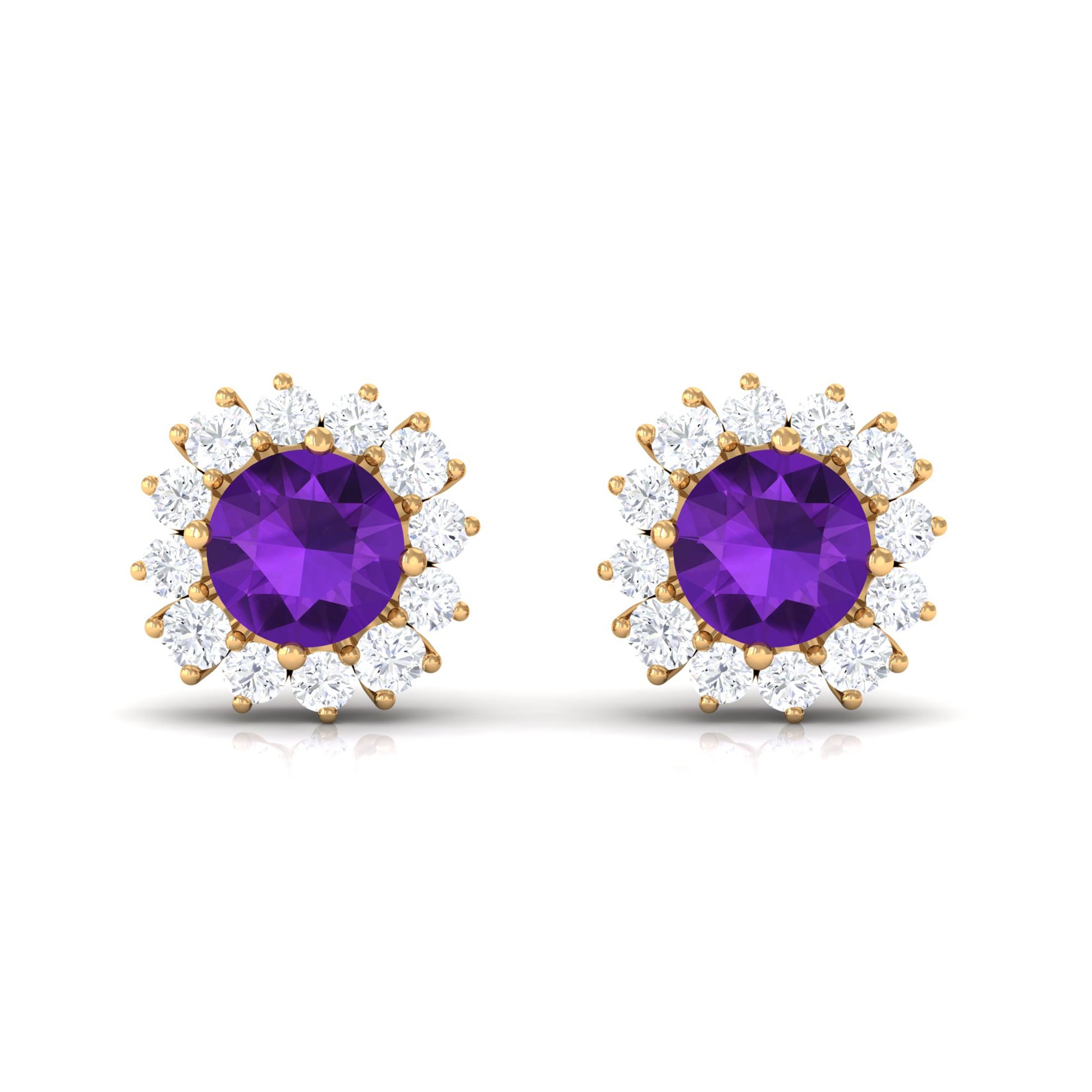 Natural Amethyst Classic Halo Stud Earring with Diamond Amethyst - ( AAA ) - Quality - Rosec Jewels