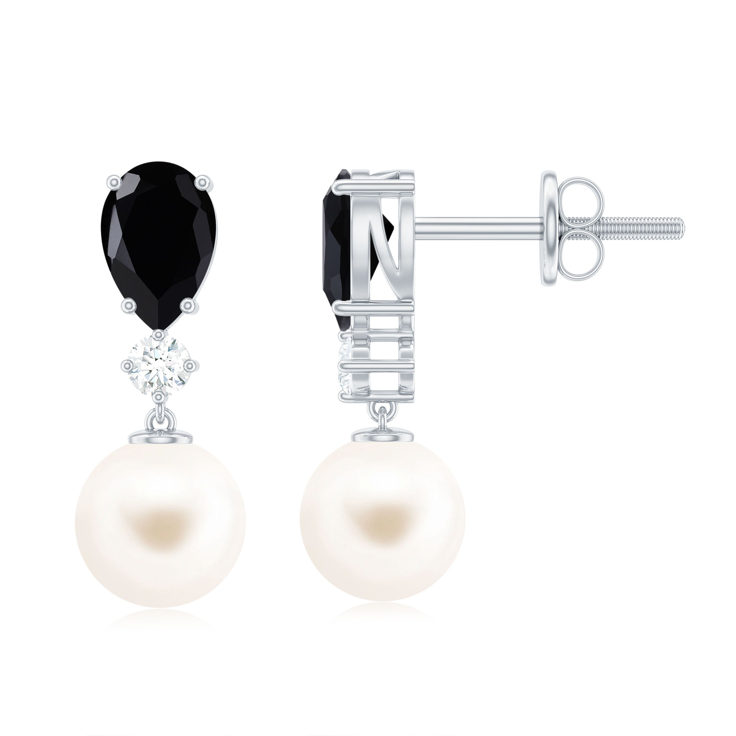 5.75 CT Freshwater Pearl Silver Drop Earrings with Black Onyx and Moissanite Black Onyx - ( AAA ) - Quality 92.5 Sterling Silver - Rosec Jewels