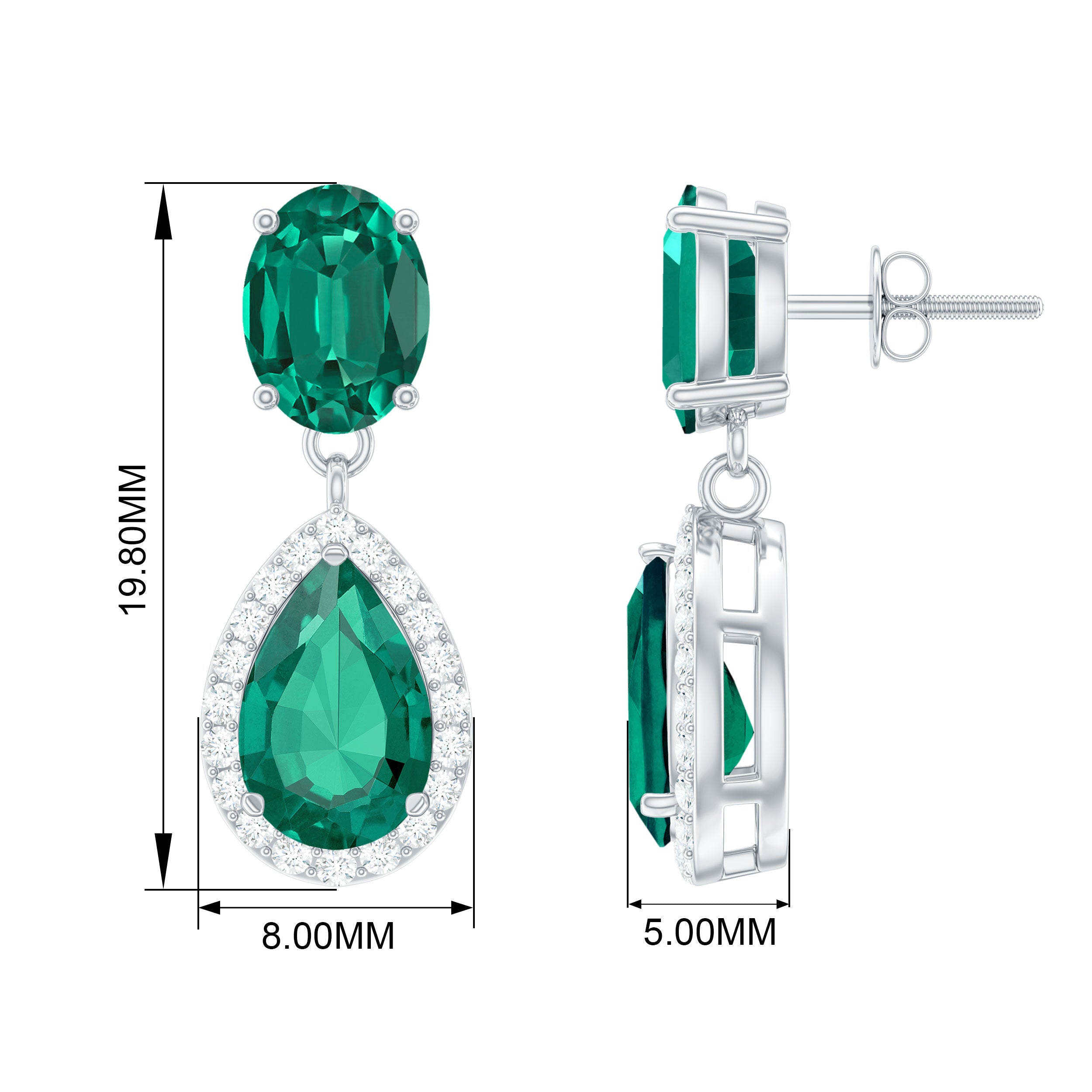 4.25 CT Created Emerald and Diamond Dangle Drop Earrings with Screw Back Lab Created Emerald - ( AAAA ) - Quality - Rosec Jewels