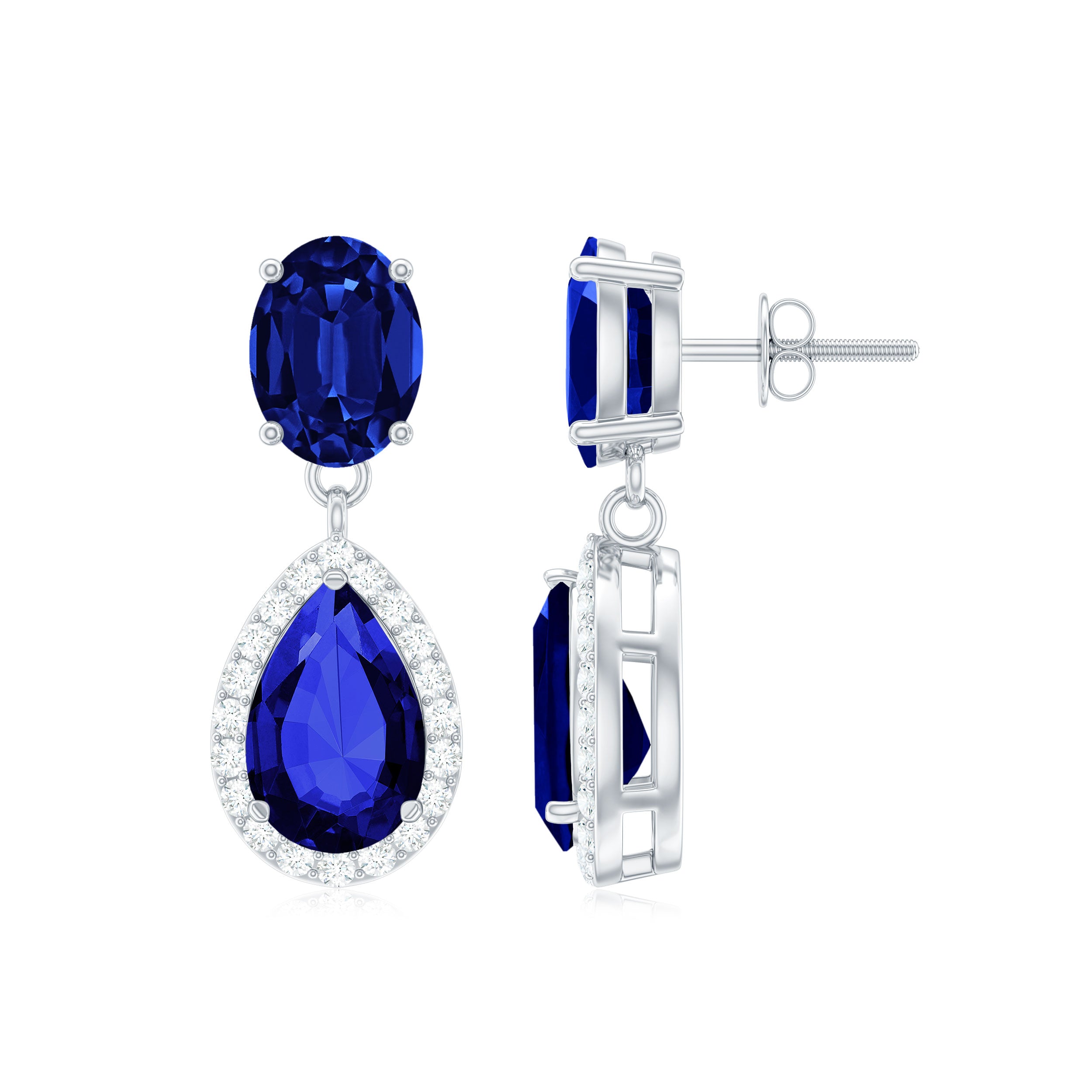 5.5 CT Classic Created Blue Sapphire Silver Dangle Earrings with Moissanite Lab Created Blue Sapphire - ( AAAA ) - Quality 92.5 Sterling Silver - Rosec Jewels