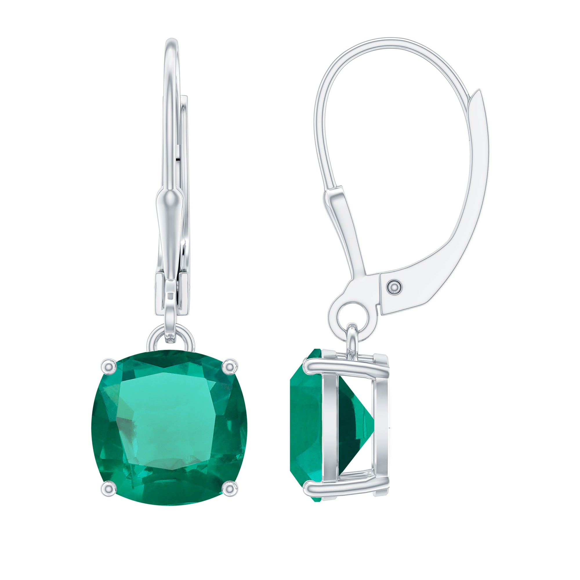 Cushion Cut Solitaire Created Emerald Drop Earrings in Silver - Rosec Jewels